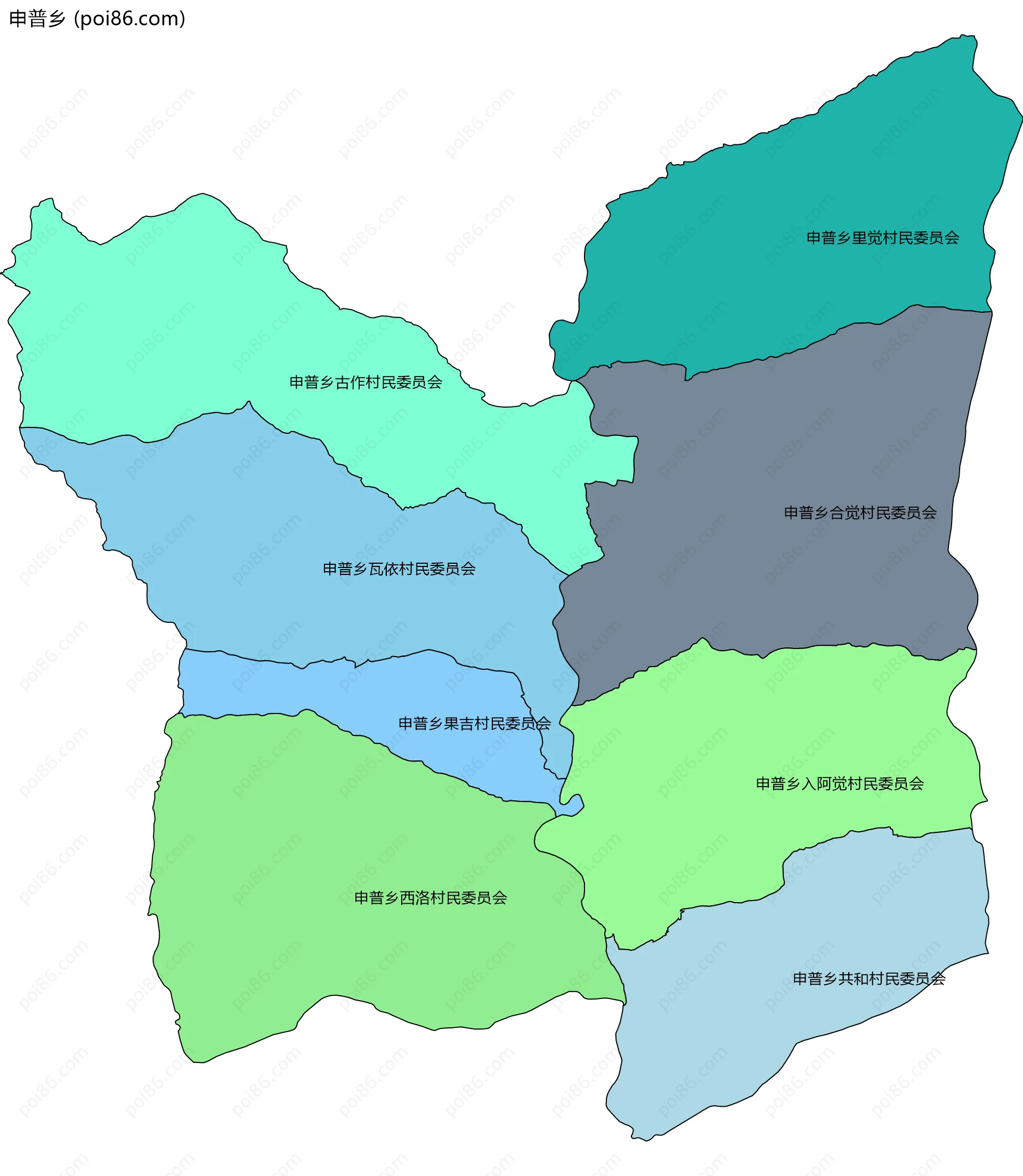 申普乡边界地图(五级行政区划)