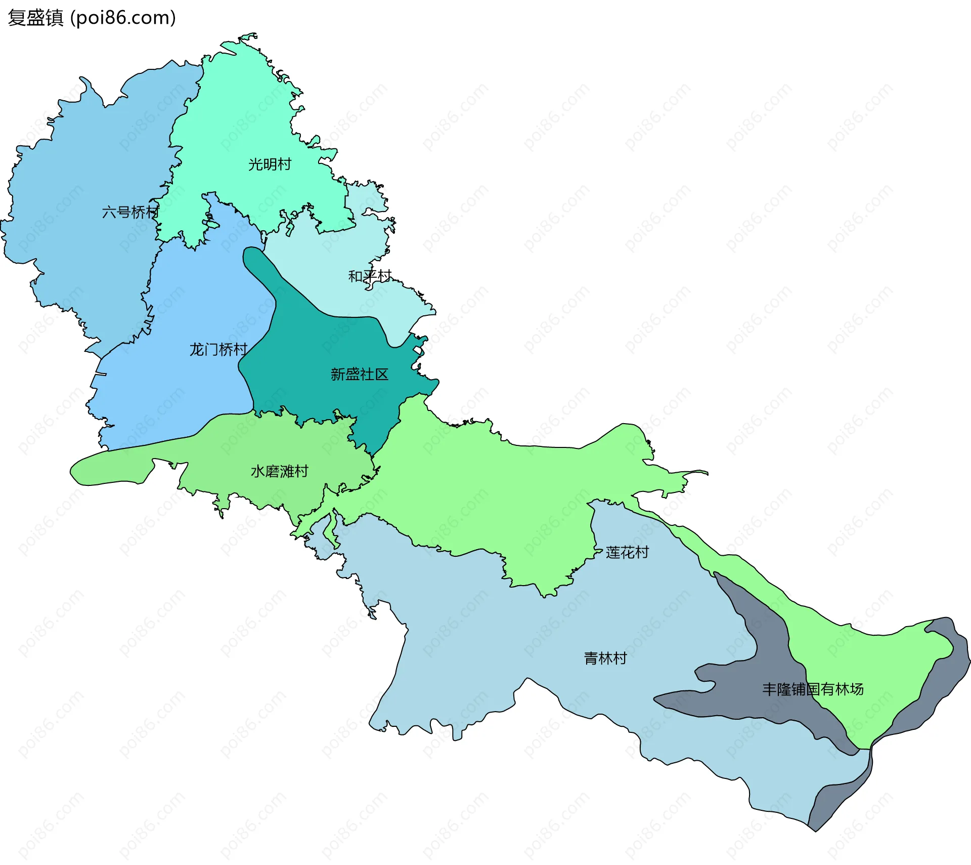 复盛镇边界地图(五级行政区划)