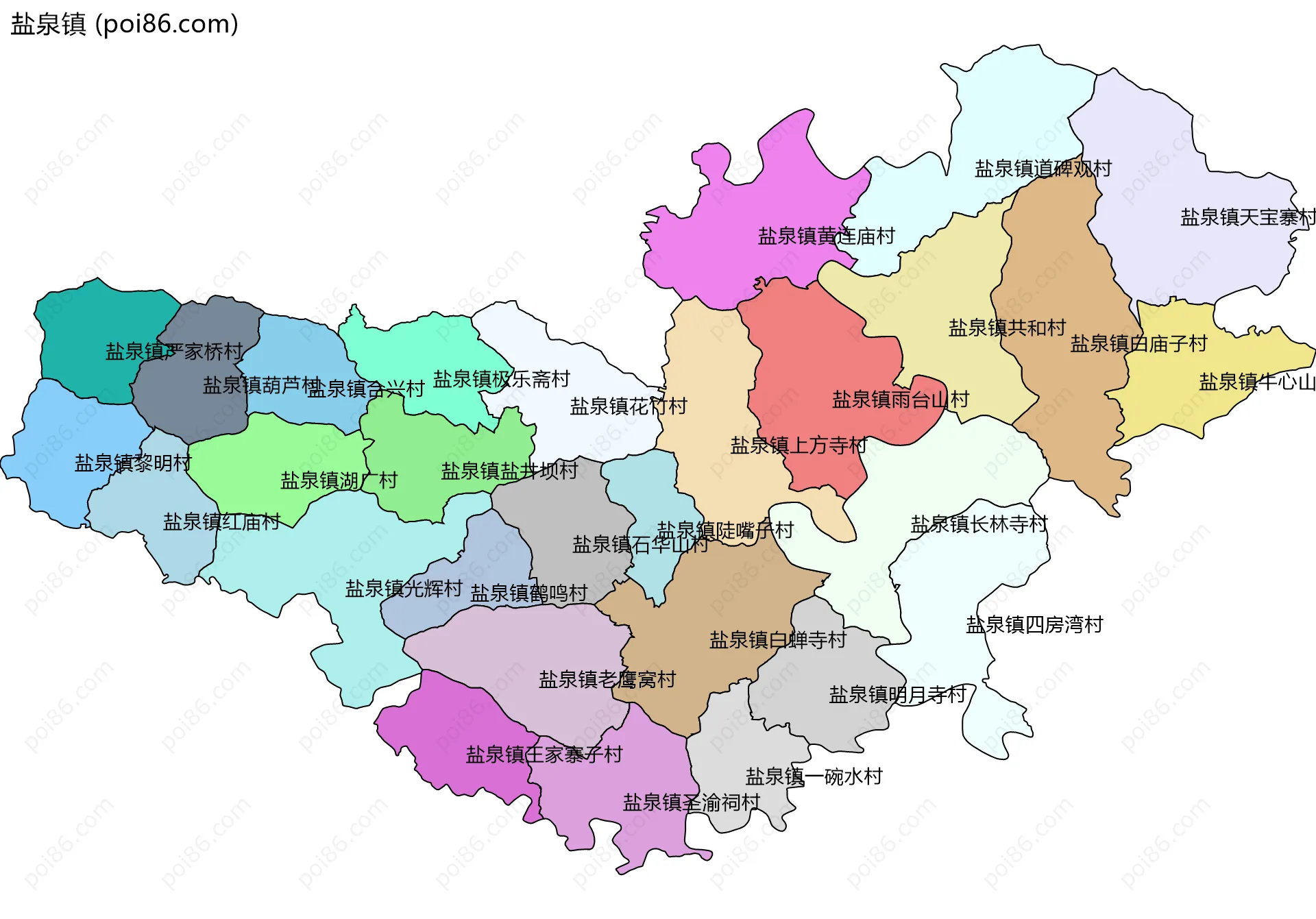 盐泉镇边界地图(五级行政区划)