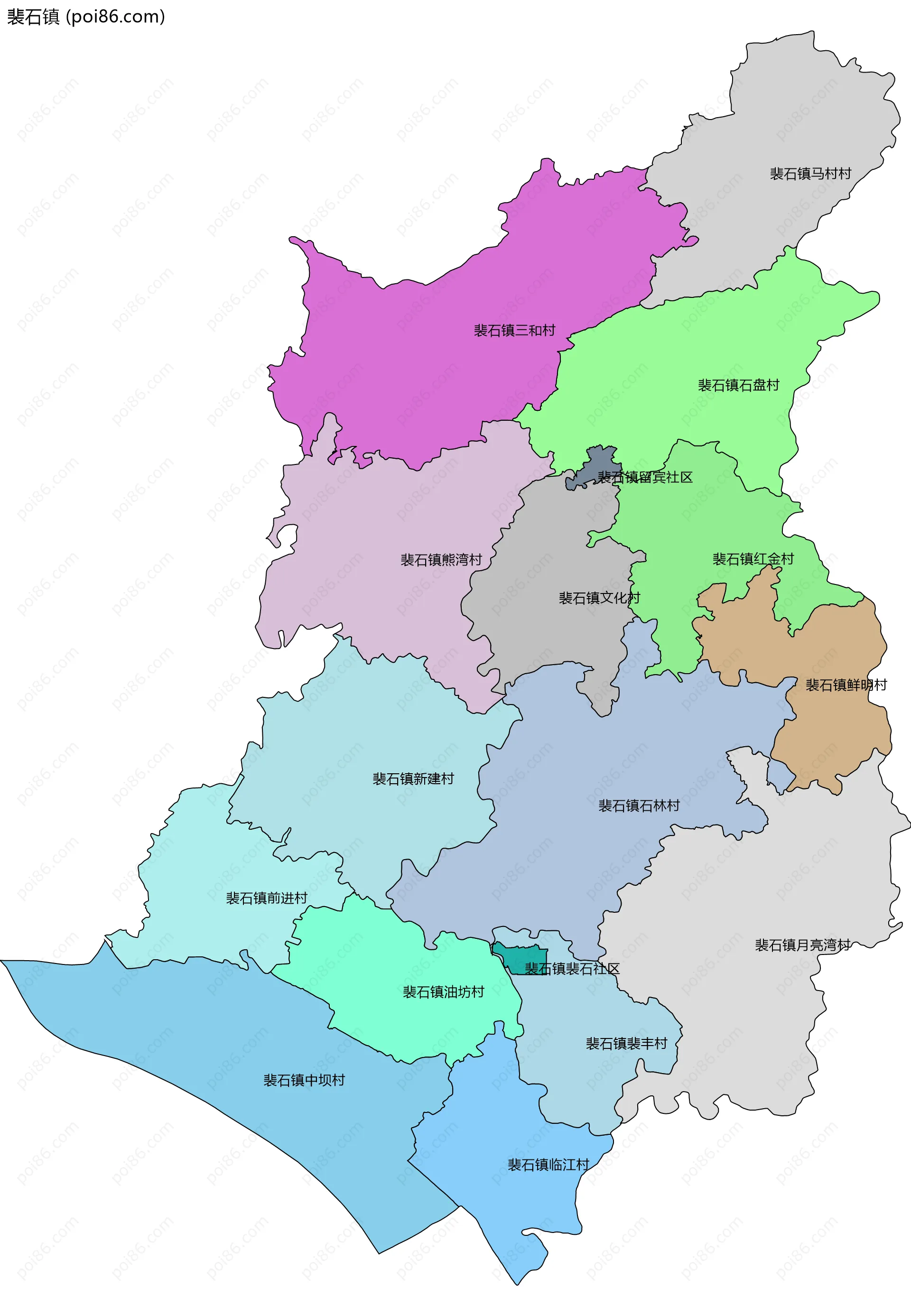 裴石镇边界地图(五级行政区划)