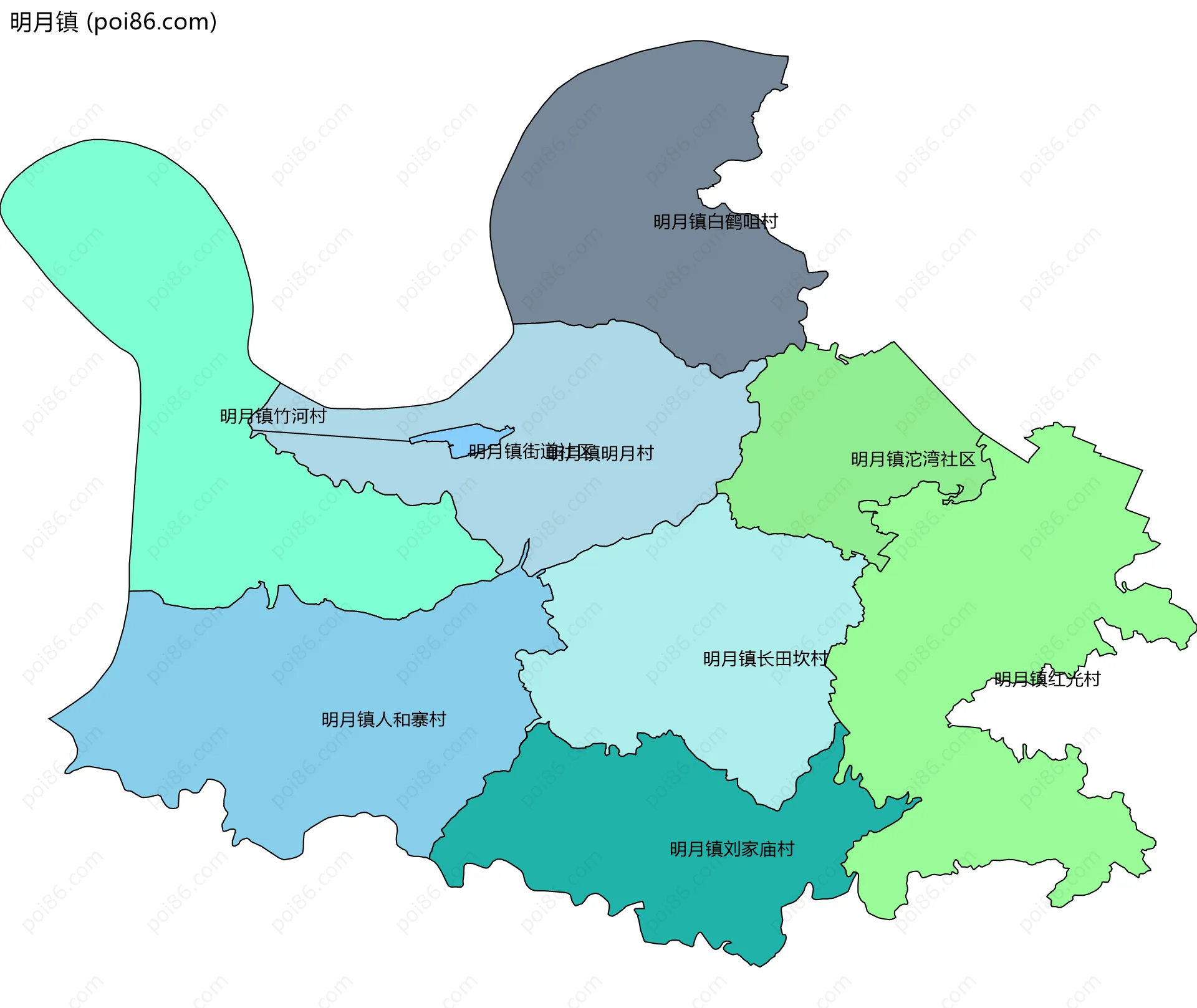 明月镇边界地图(五级行政区划)