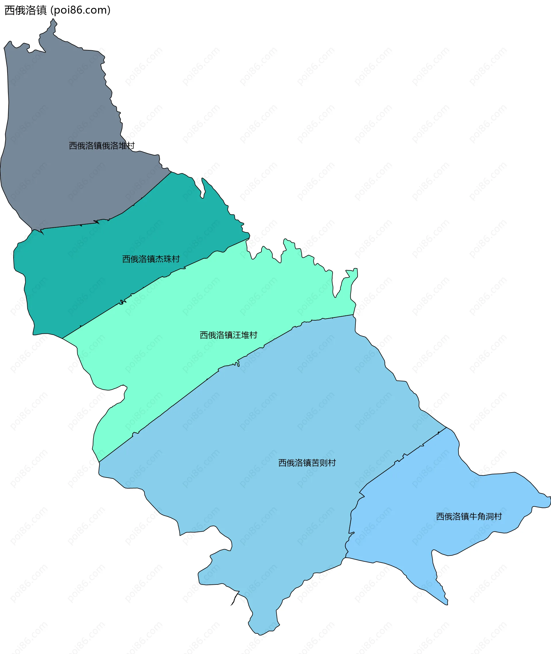 西俄洛镇边界地图(五级行政区划)