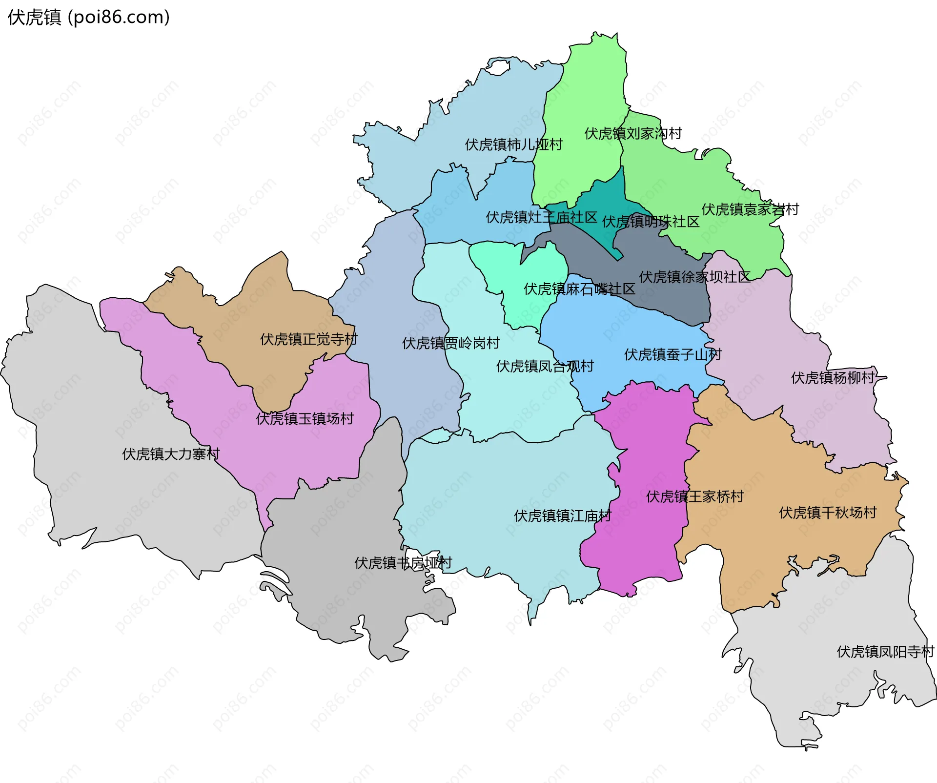 伏虎镇边界地图(五级行政区划)