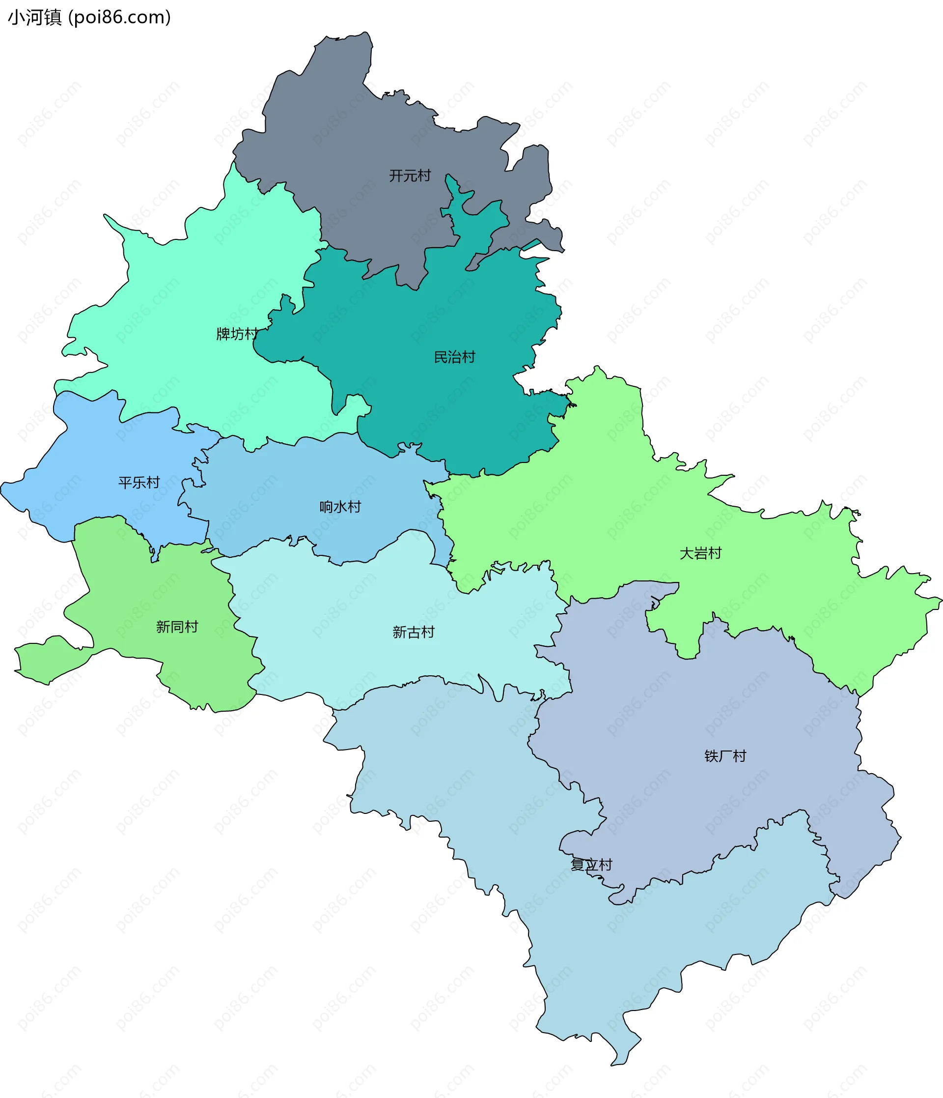 小河镇边界地图(五级行政区划)