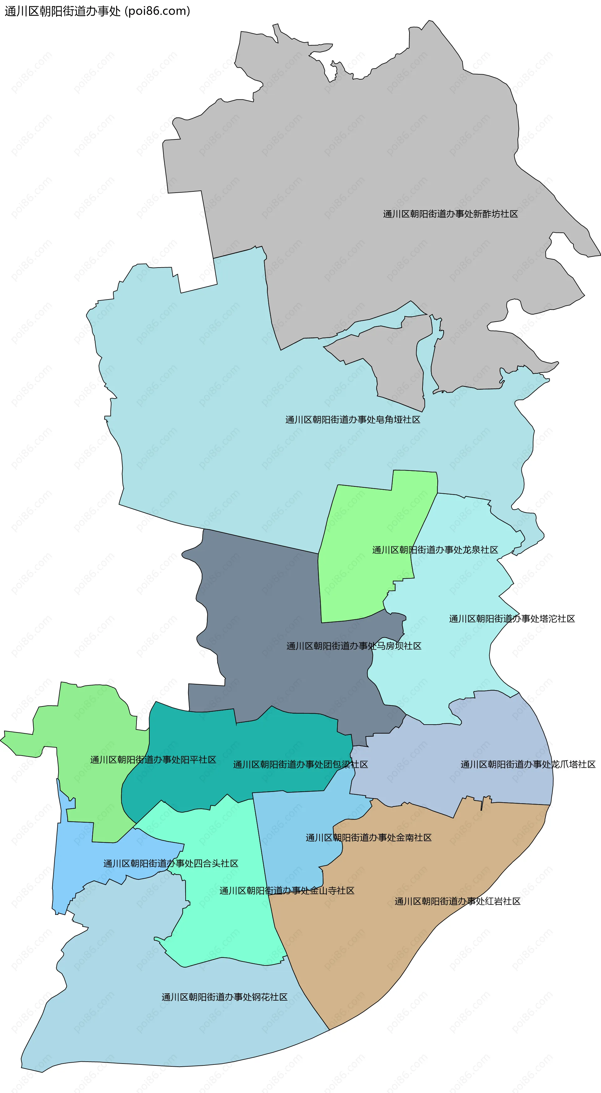 通川区朝阳街道办事处边界地图(五级行政区划)