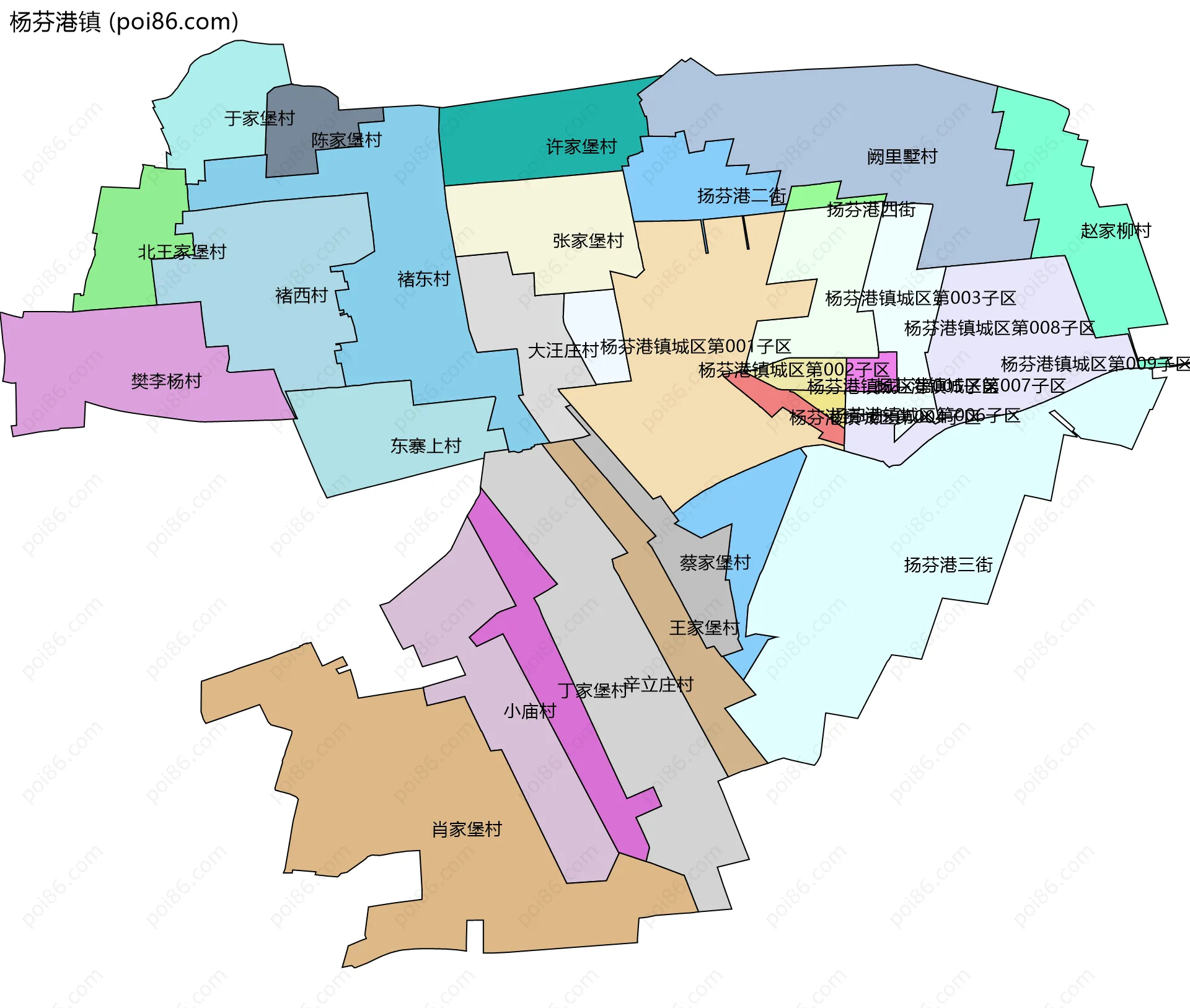 杨芬港镇边界地图(五级行政区划)