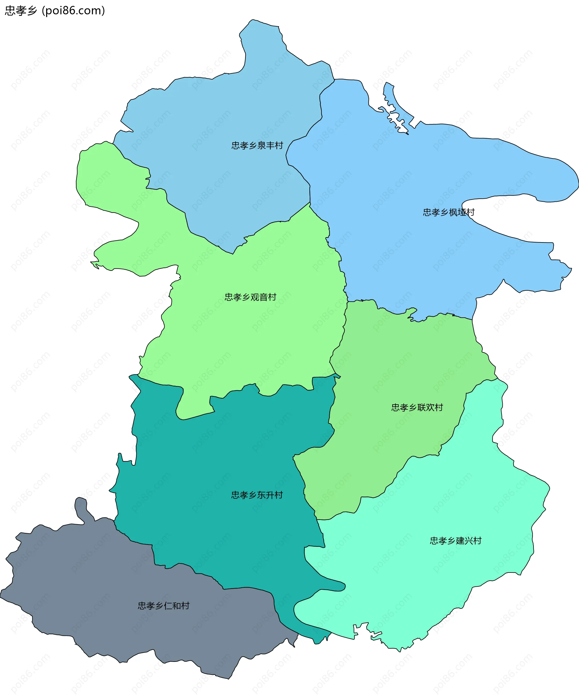 忠孝乡边界地图(五级行政区划)