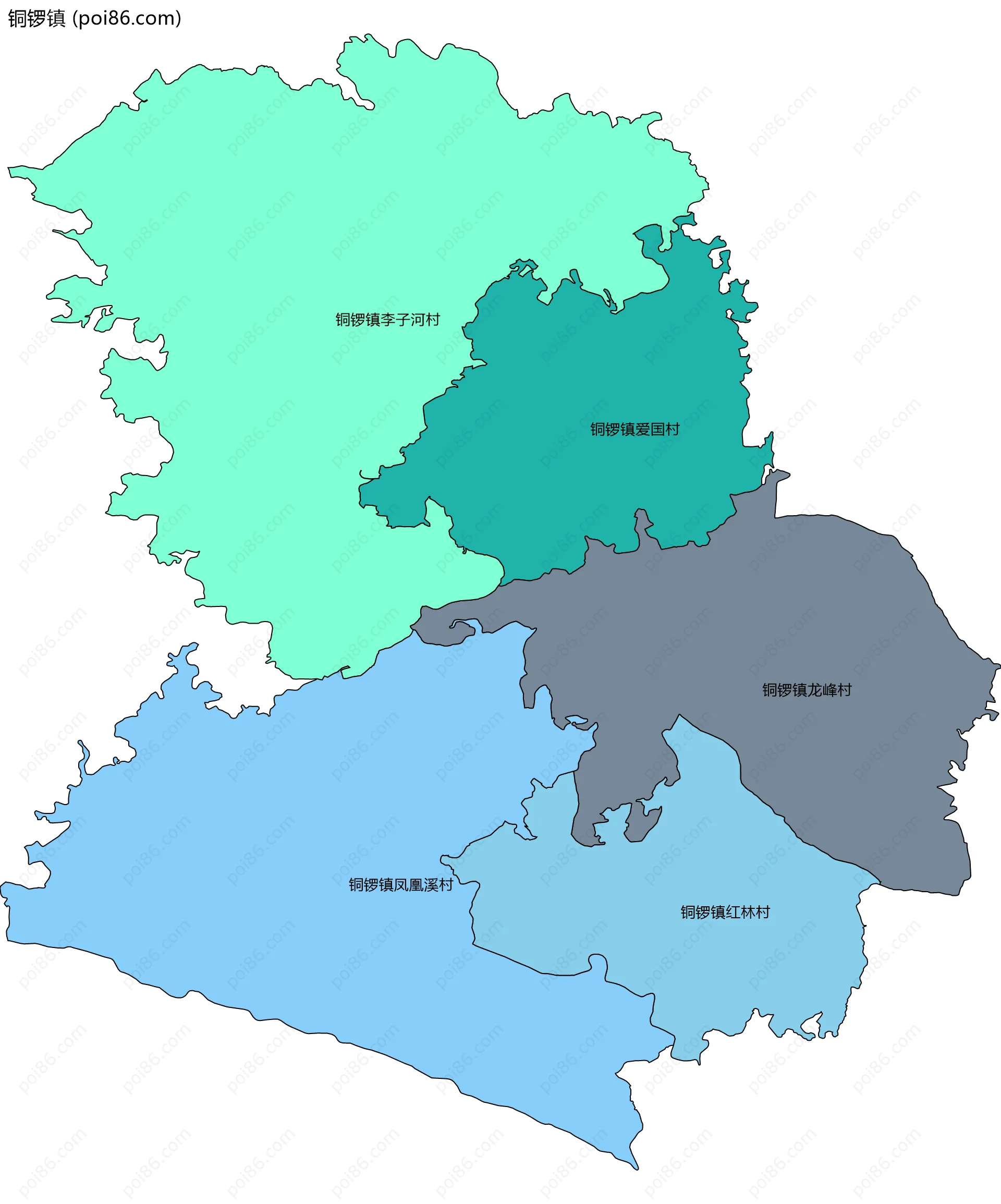 铜锣镇边界地图(五级行政区划)