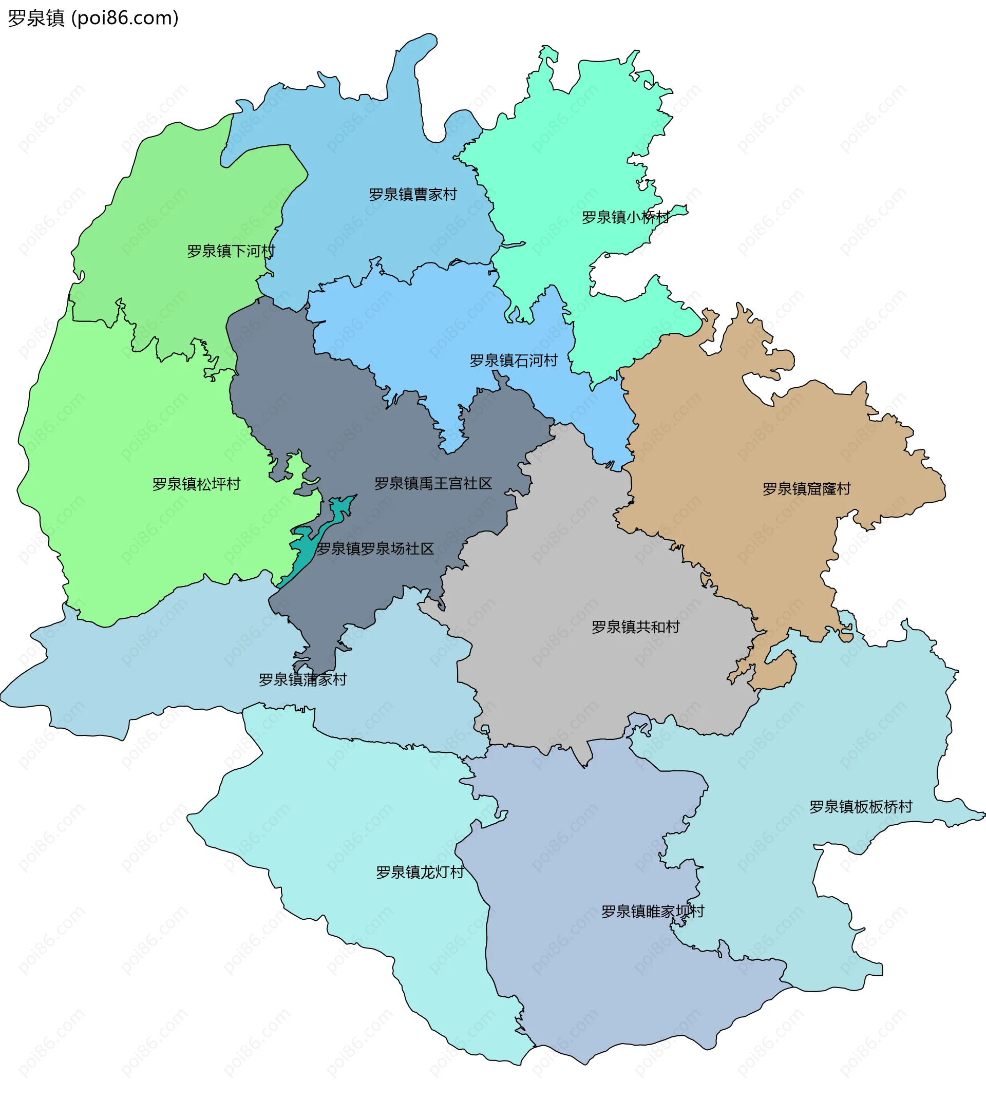 罗泉镇边界地图(五级行政区划)