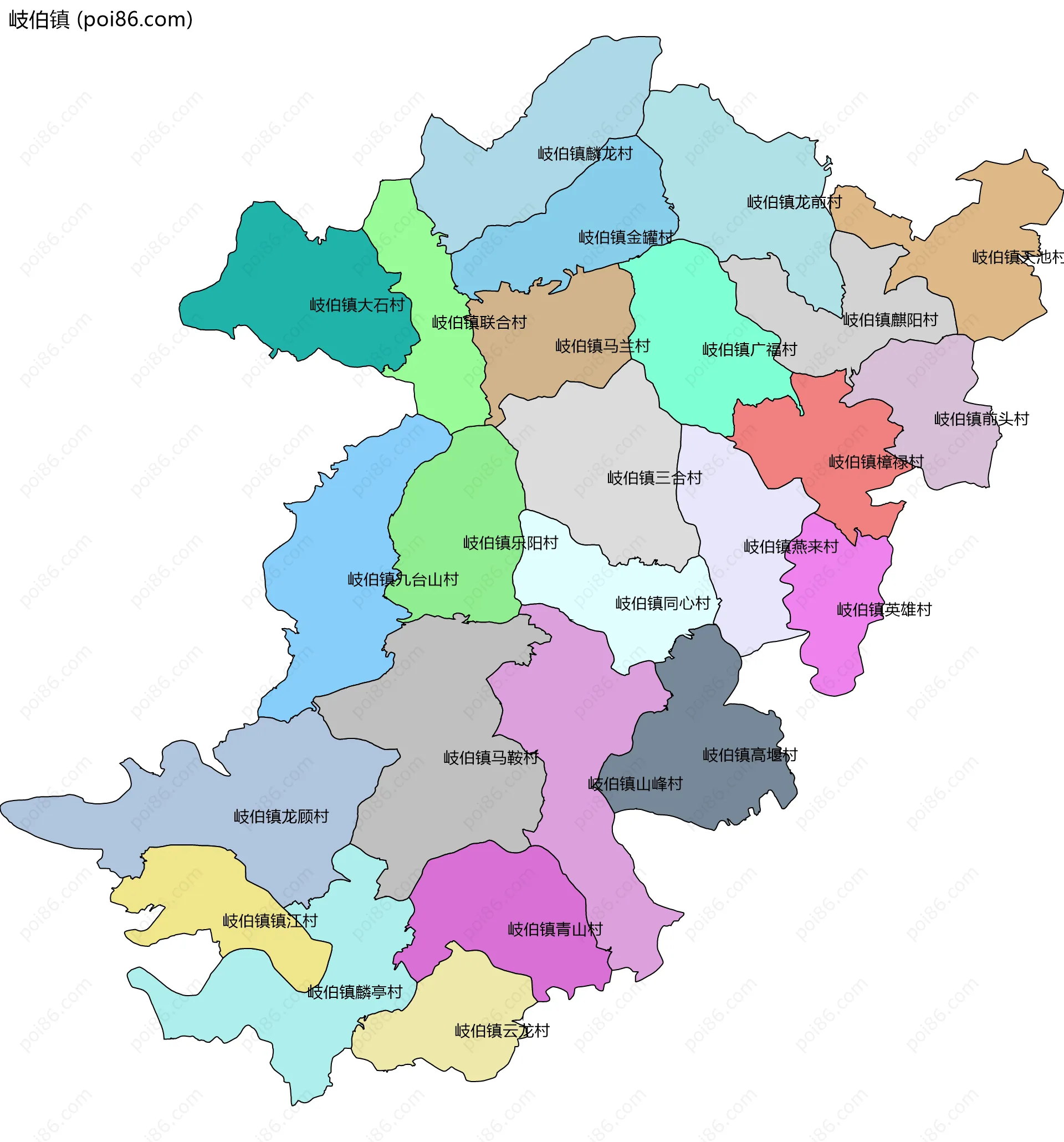 岐伯镇边界地图(五级行政区划)