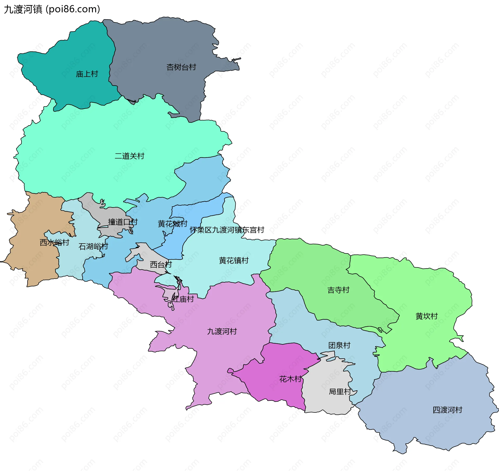 九渡河镇边界地图(五级行政区划)