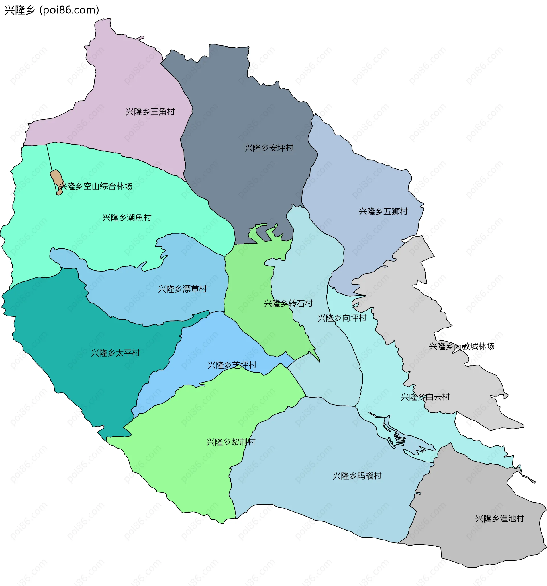 兴隆乡边界地图(五级行政区划)