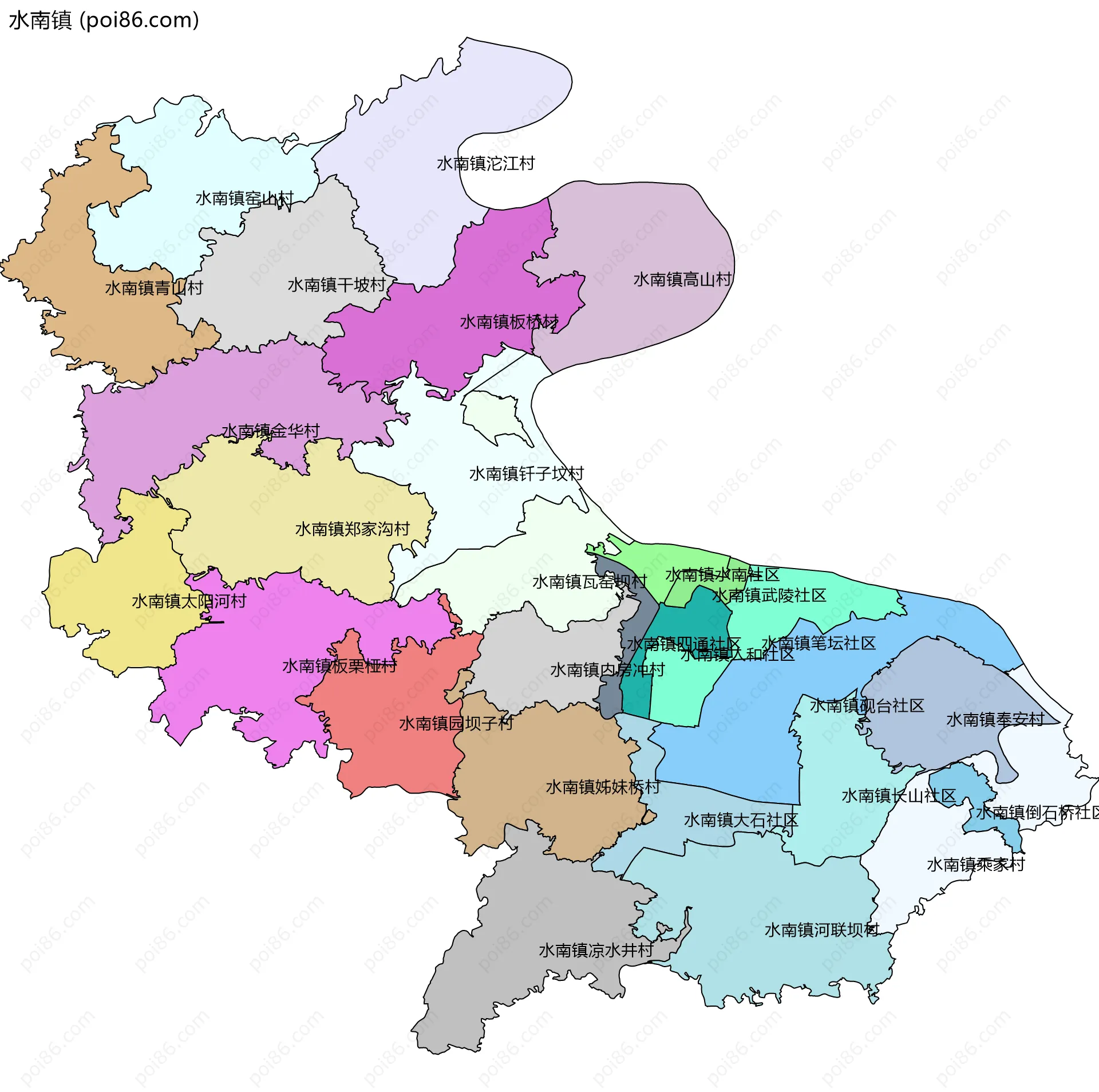 水南镇边界地图(五级行政区划)