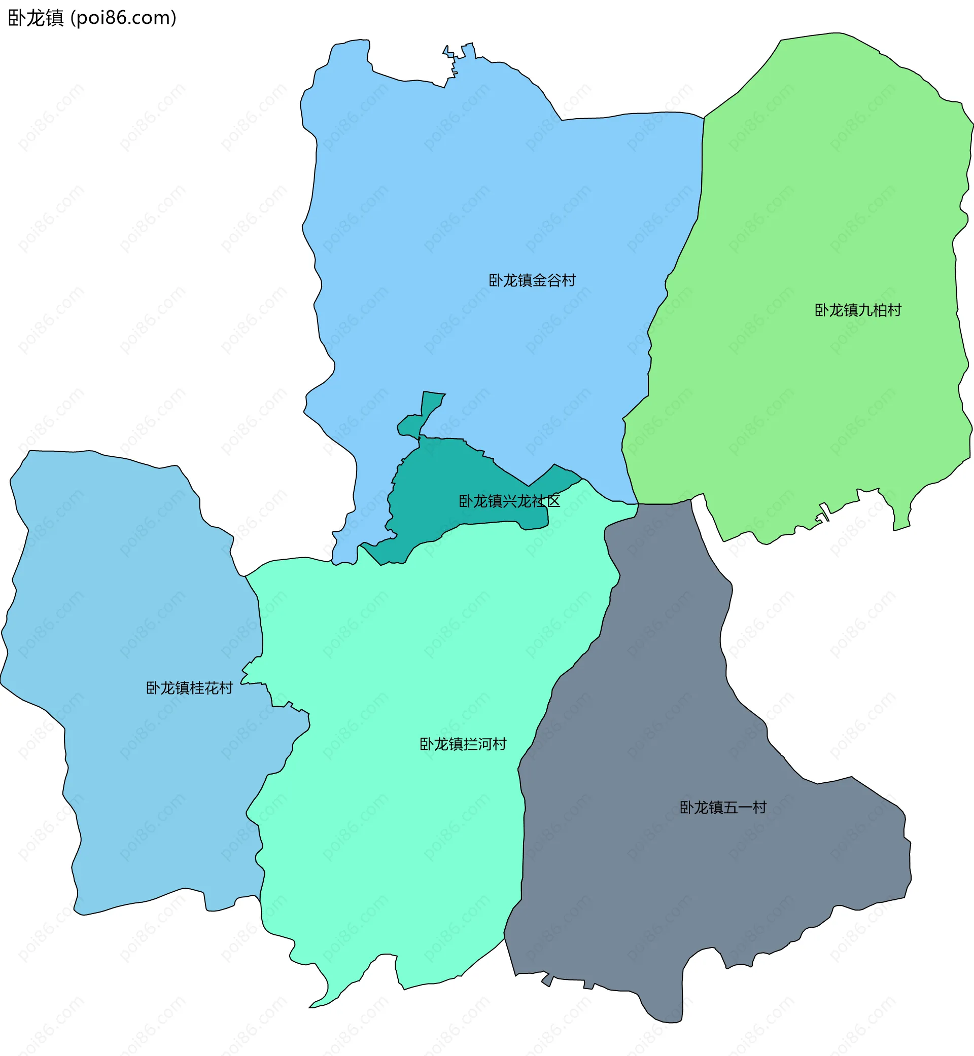 卧龙镇边界地图(五级行政区划)