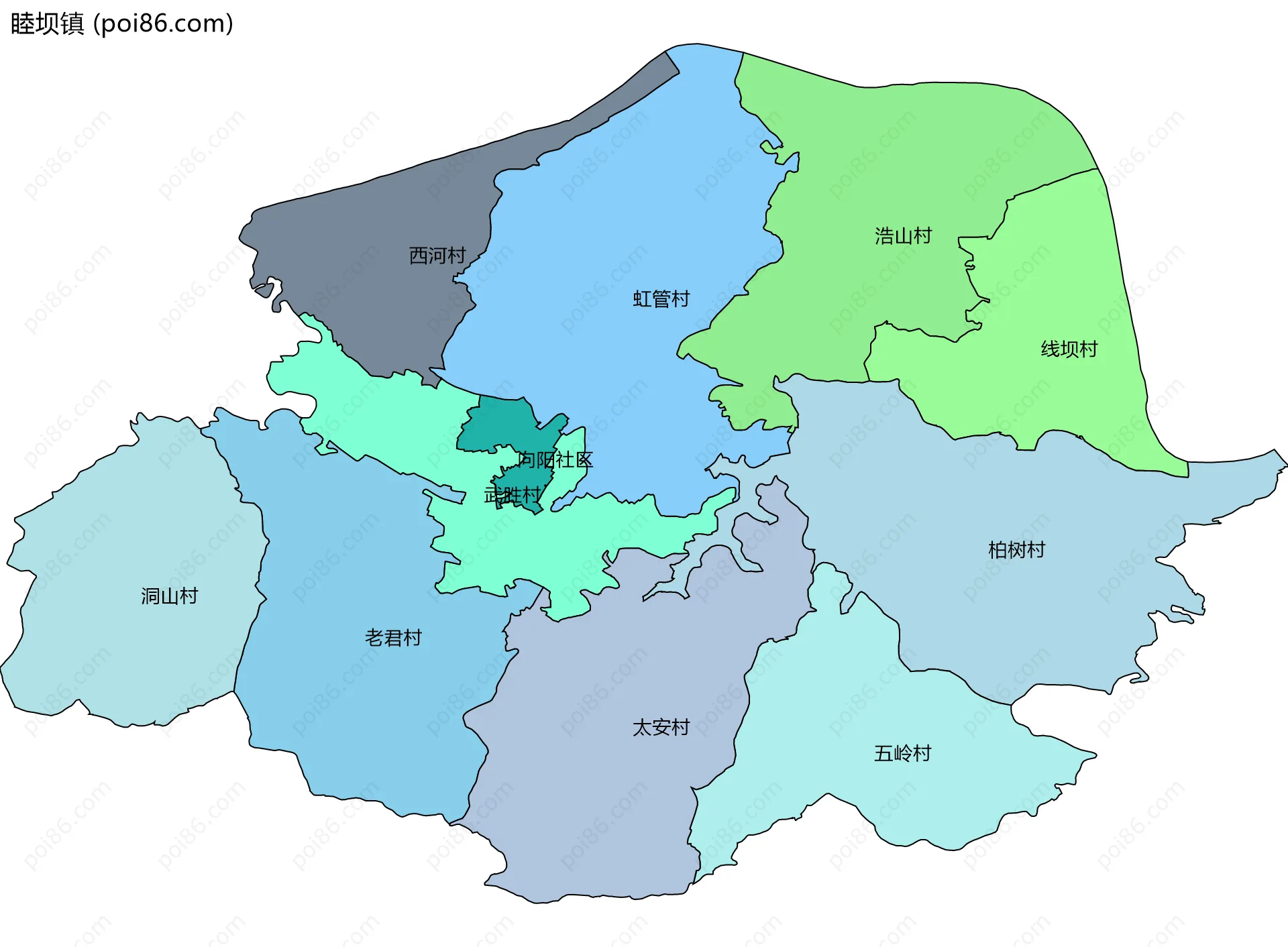 睦坝镇边界地图(五级行政区划)
