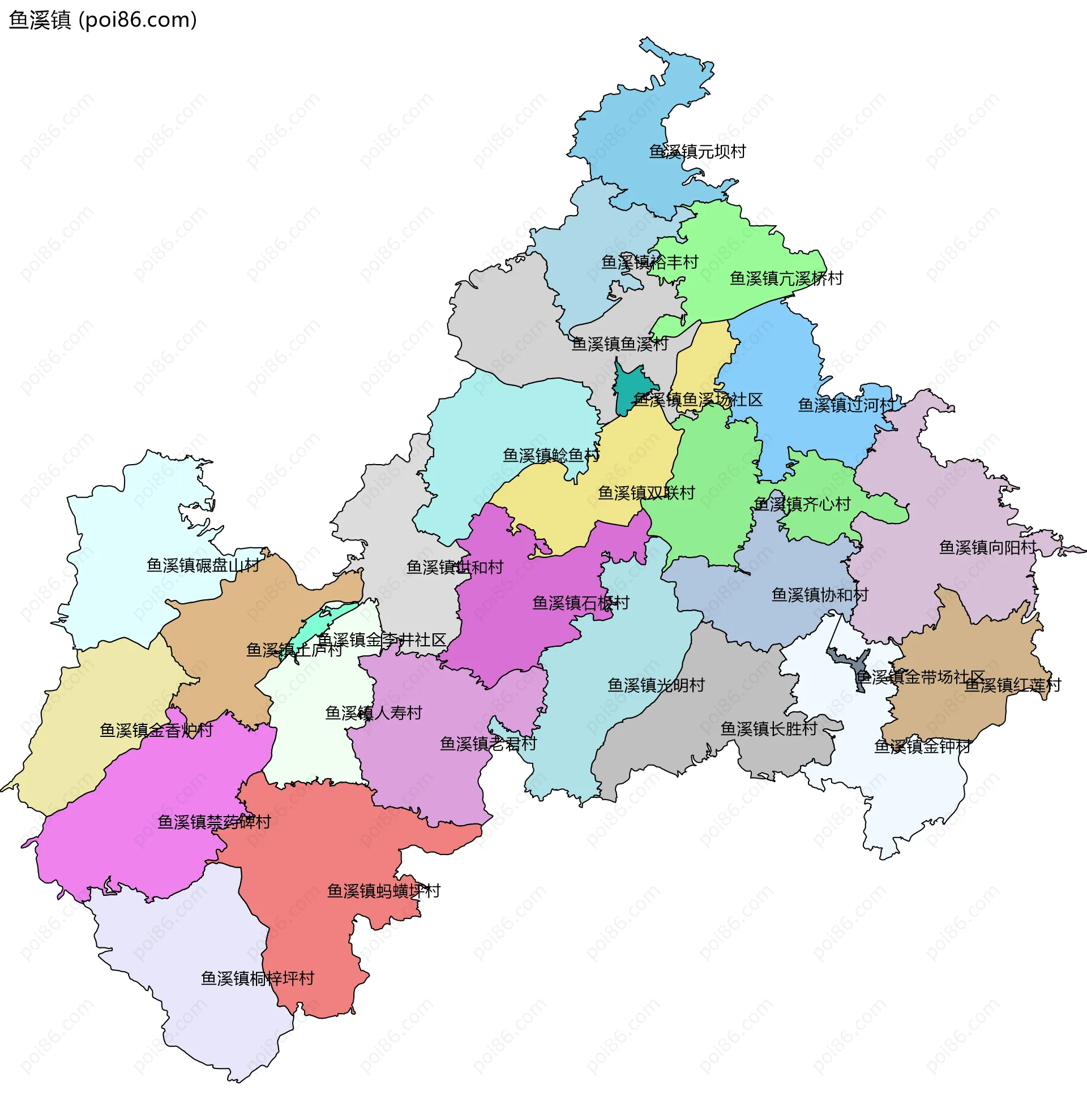 鱼溪镇边界地图(五级行政区划)