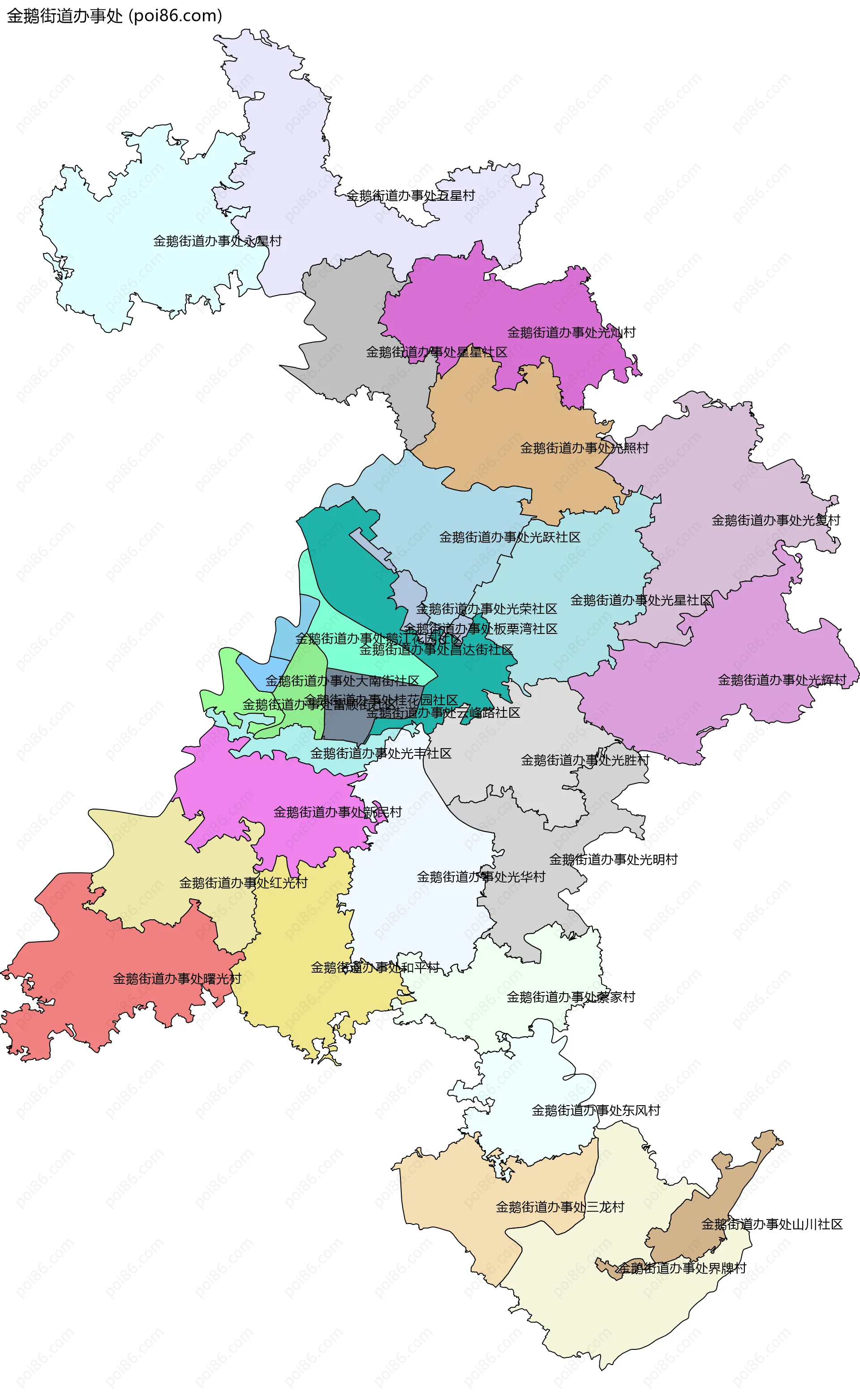 金鹅街道办事处边界地图(五级行政区划)