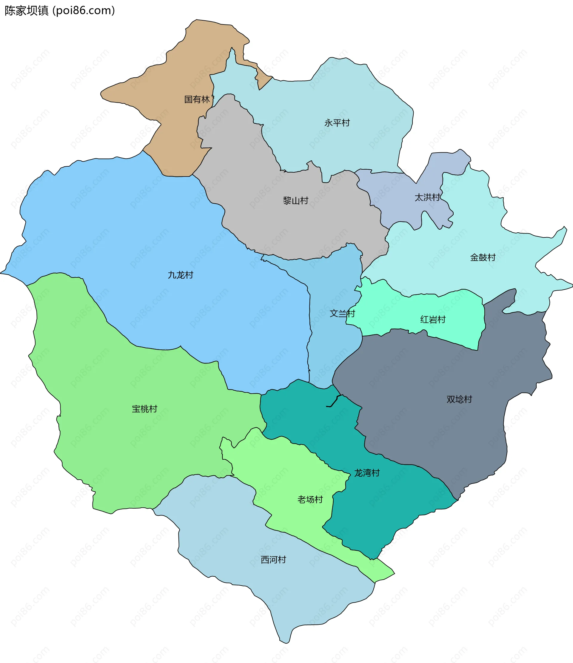 陈家坝镇边界地图(五级行政区划)