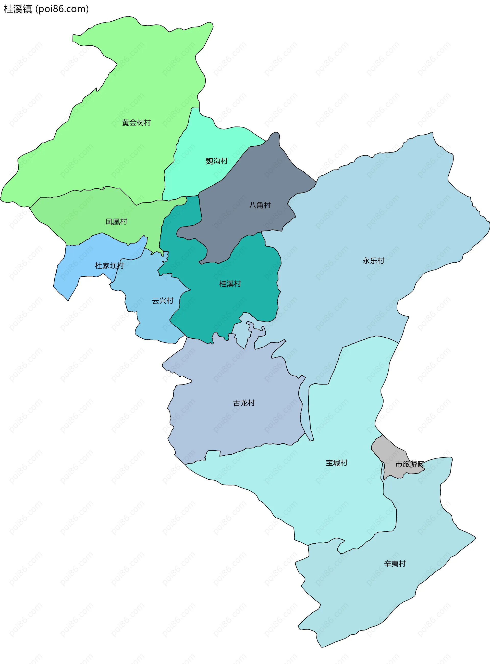 桂溪镇边界地图(五级行政区划)