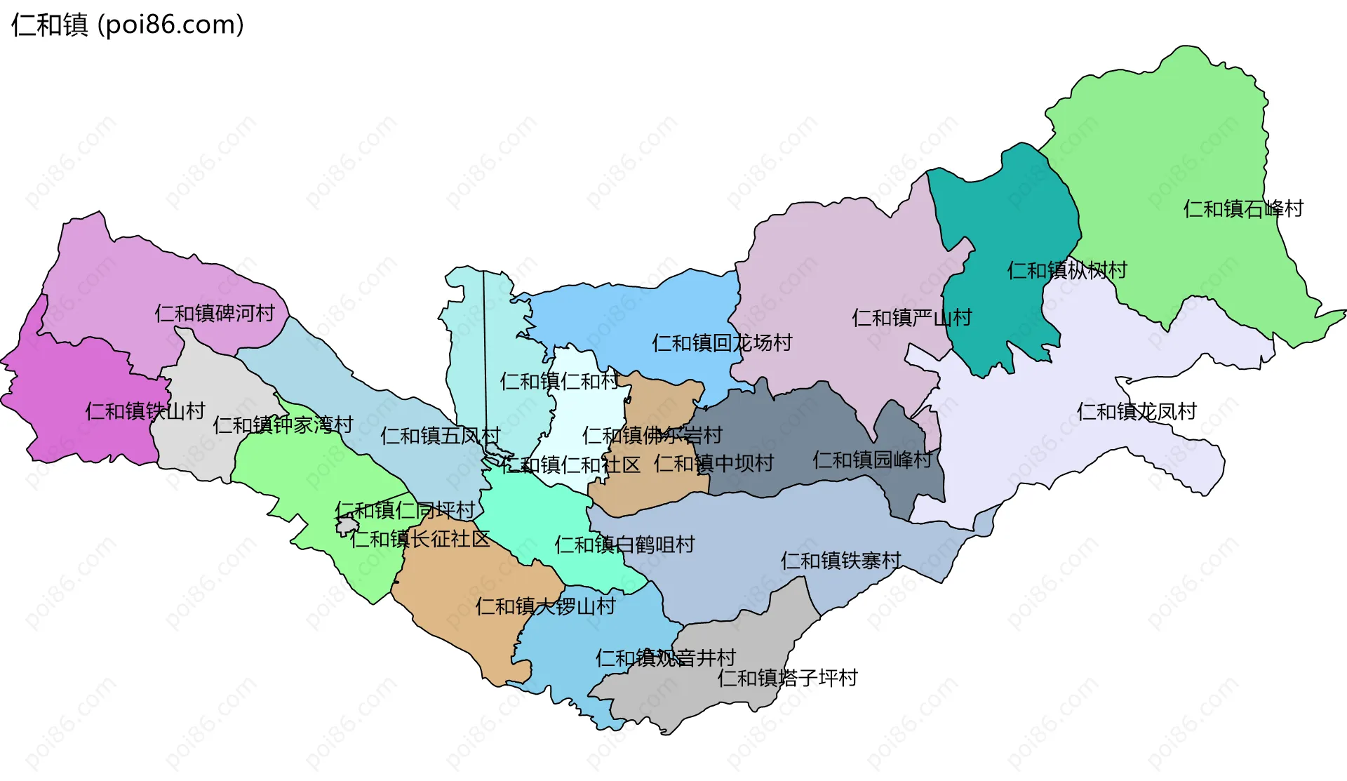 仁和镇边界地图(五级行政区划)