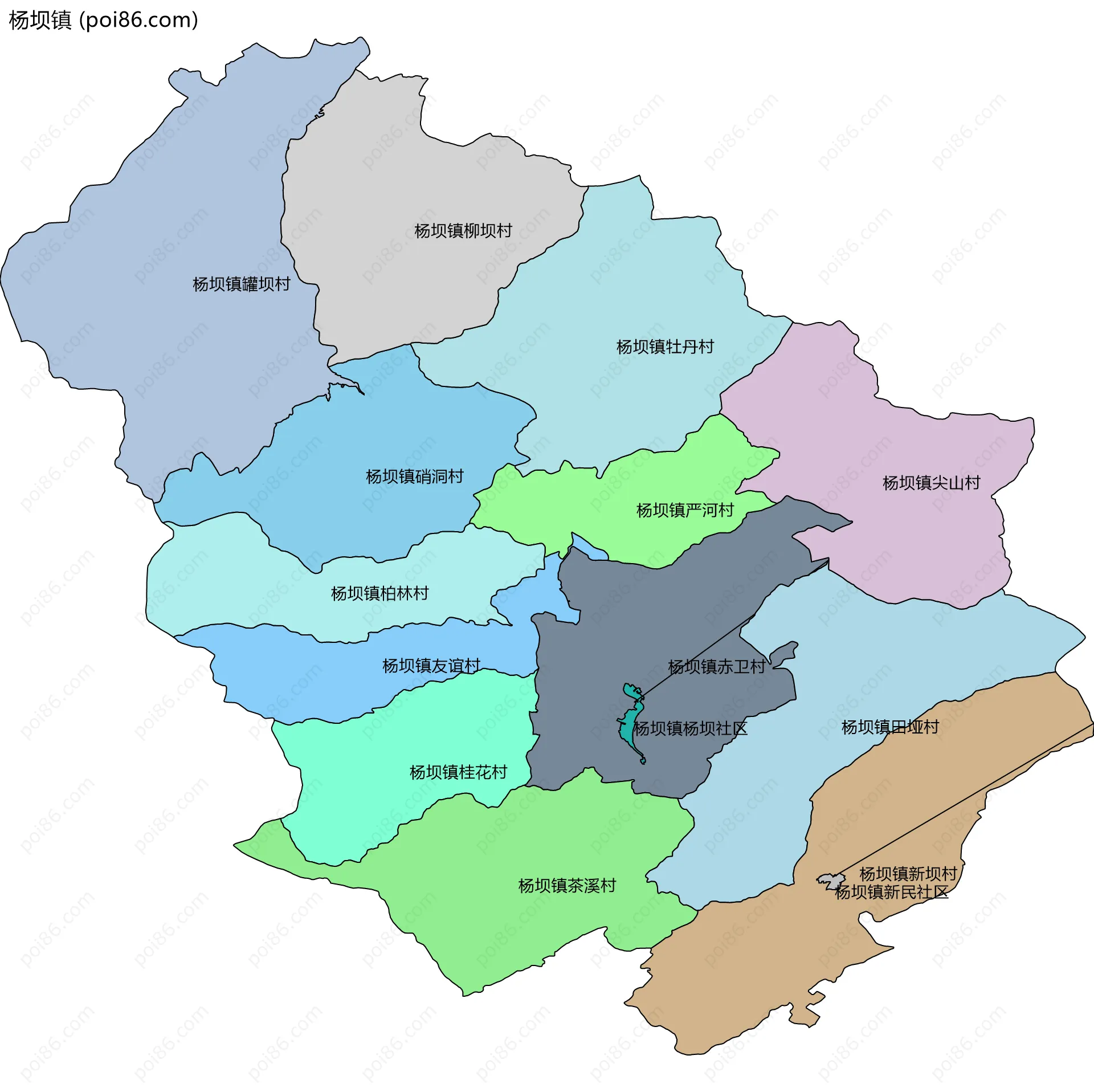 杨坝镇边界地图(五级行政区划)