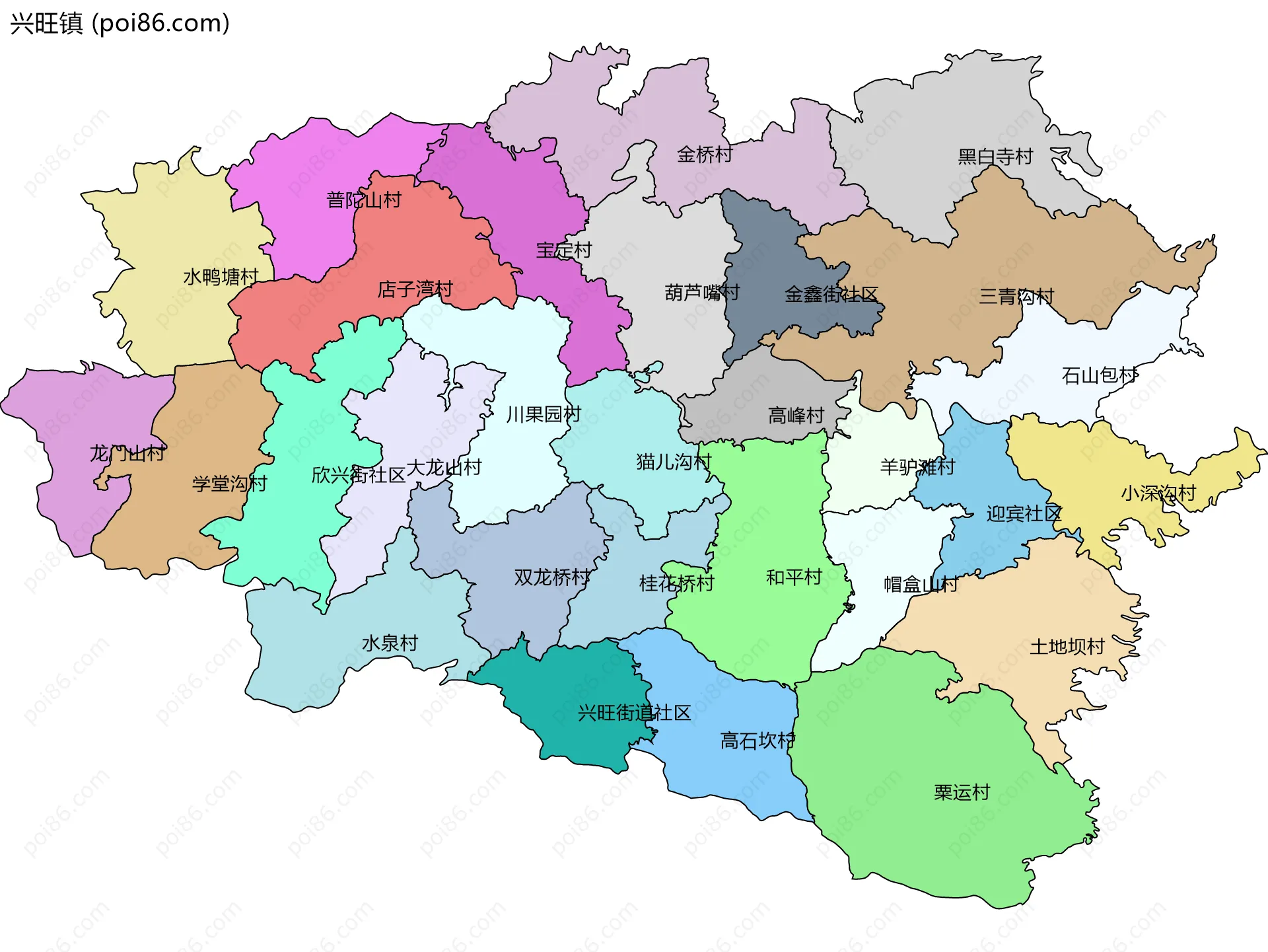 兴旺镇边界地图(五级行政区划)