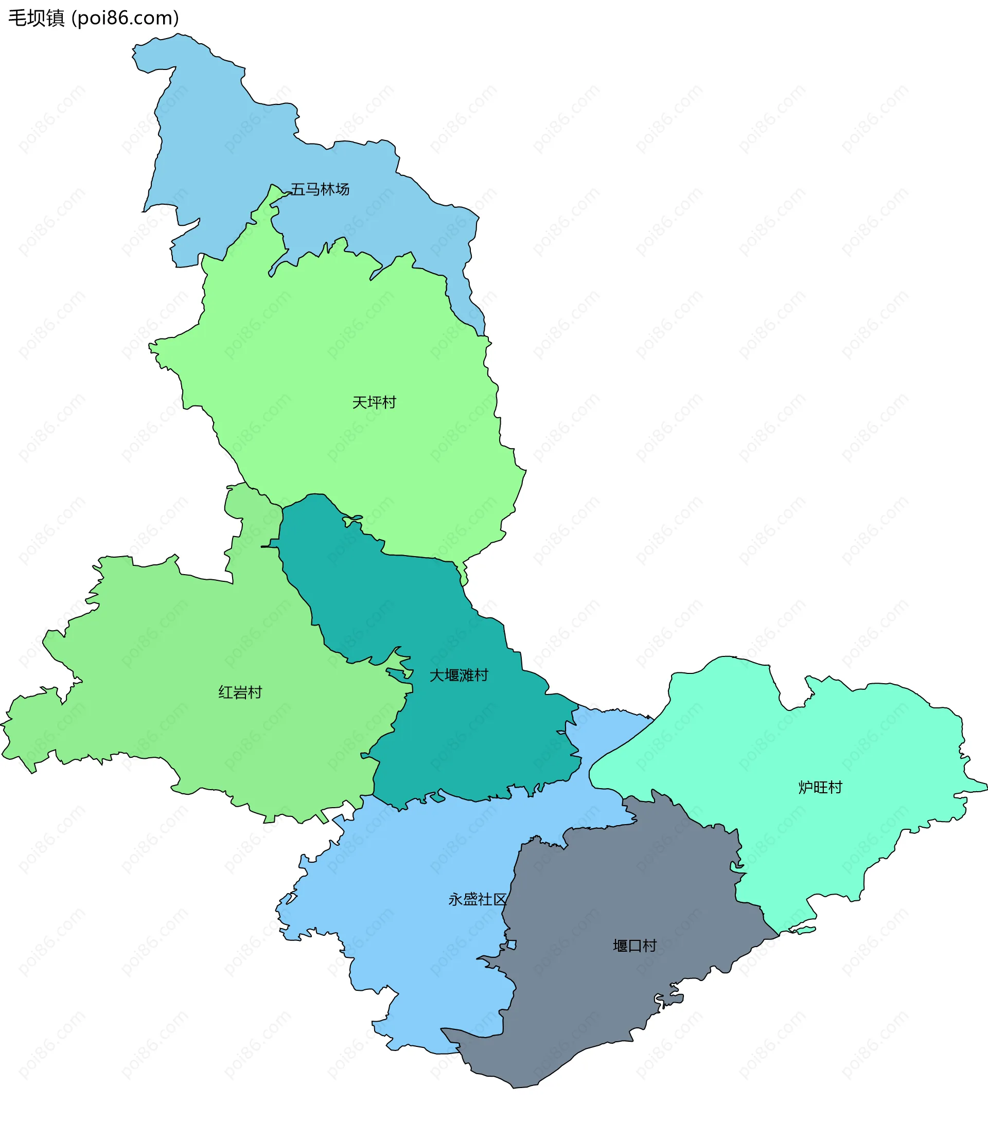 毛坝镇边界地图(五级行政区划)