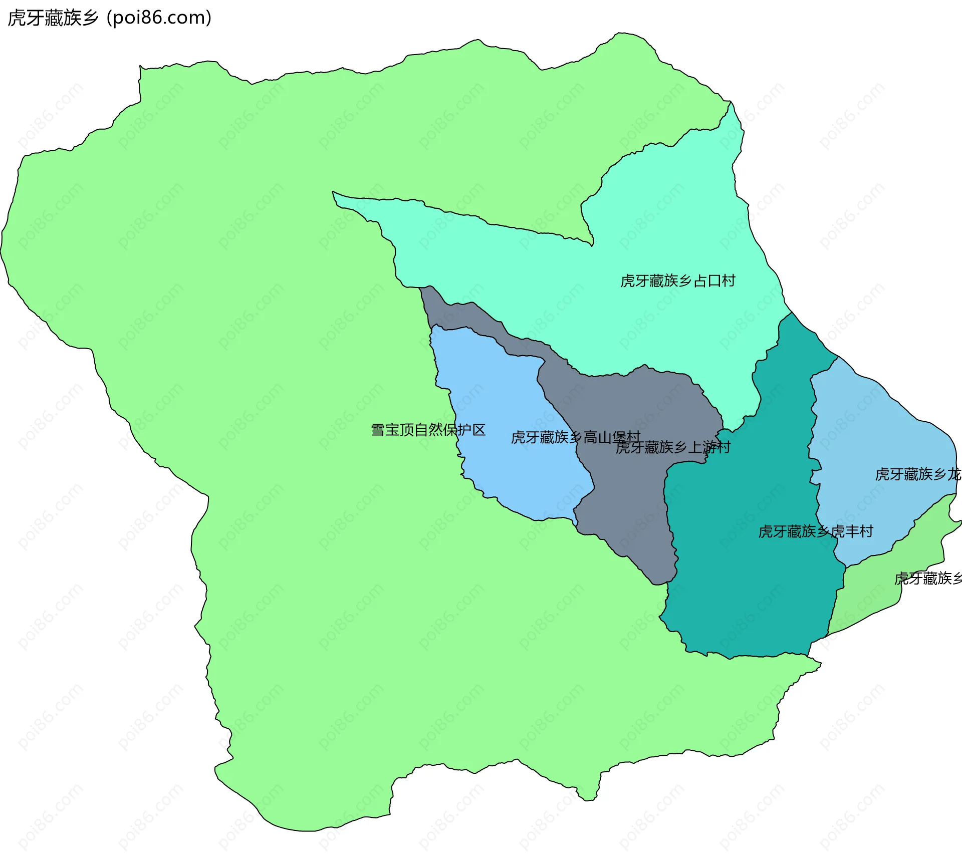 虎牙藏族乡边界地图(五级行政区划)