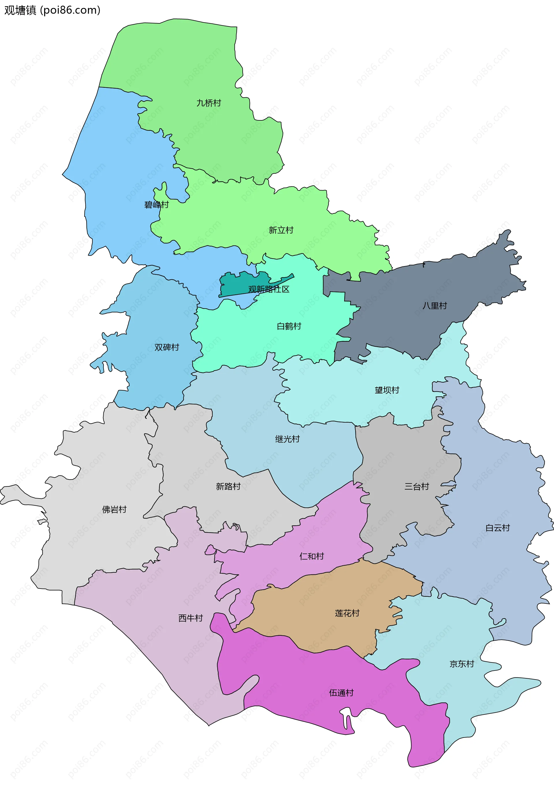 观塘镇边界地图(五级行政区划)