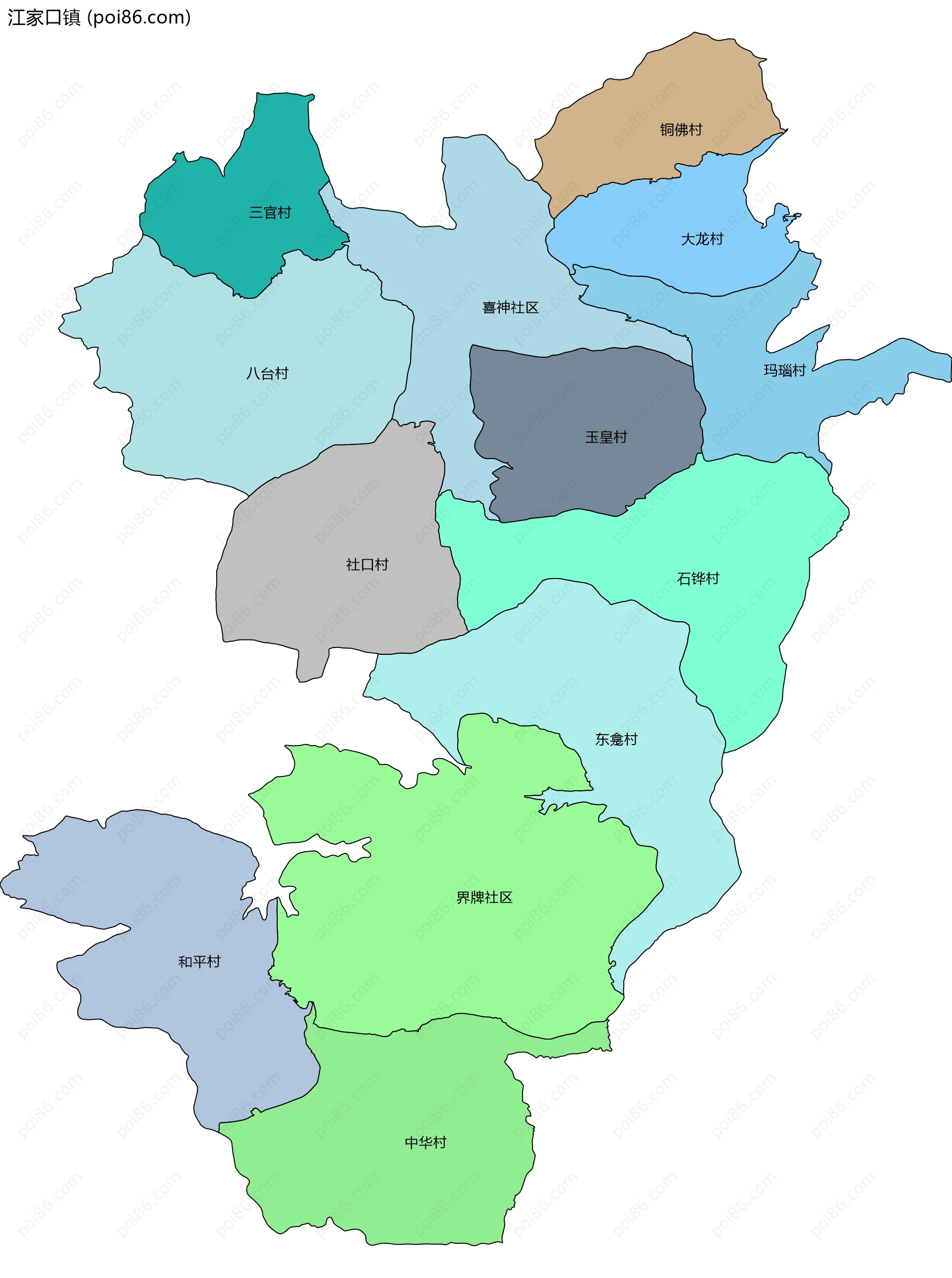 江家口镇边界地图(五级行政区划)