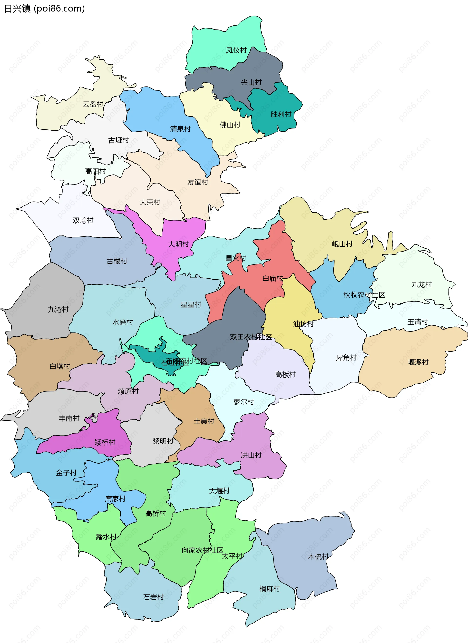 日兴镇边界地图(五级行政区划)