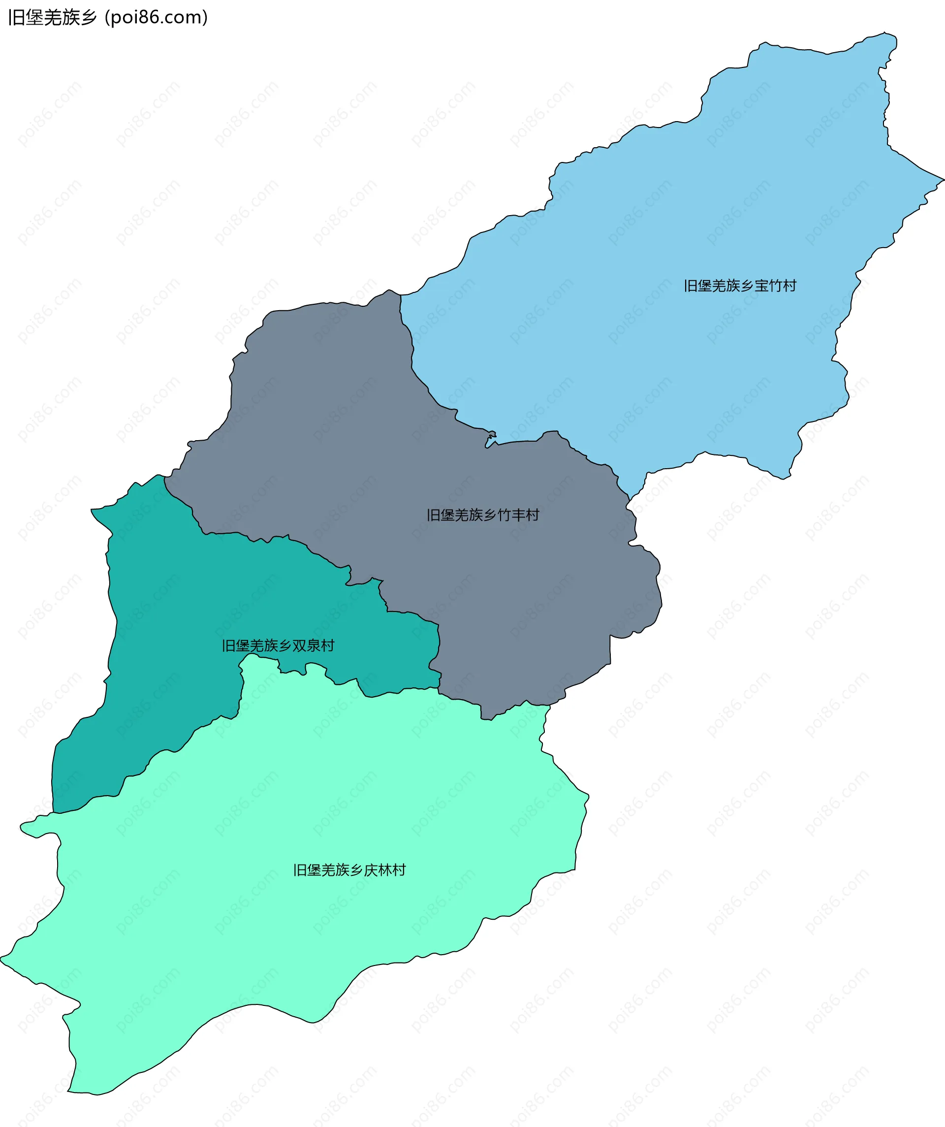 旧堡羌族乡边界地图(五级行政区划)