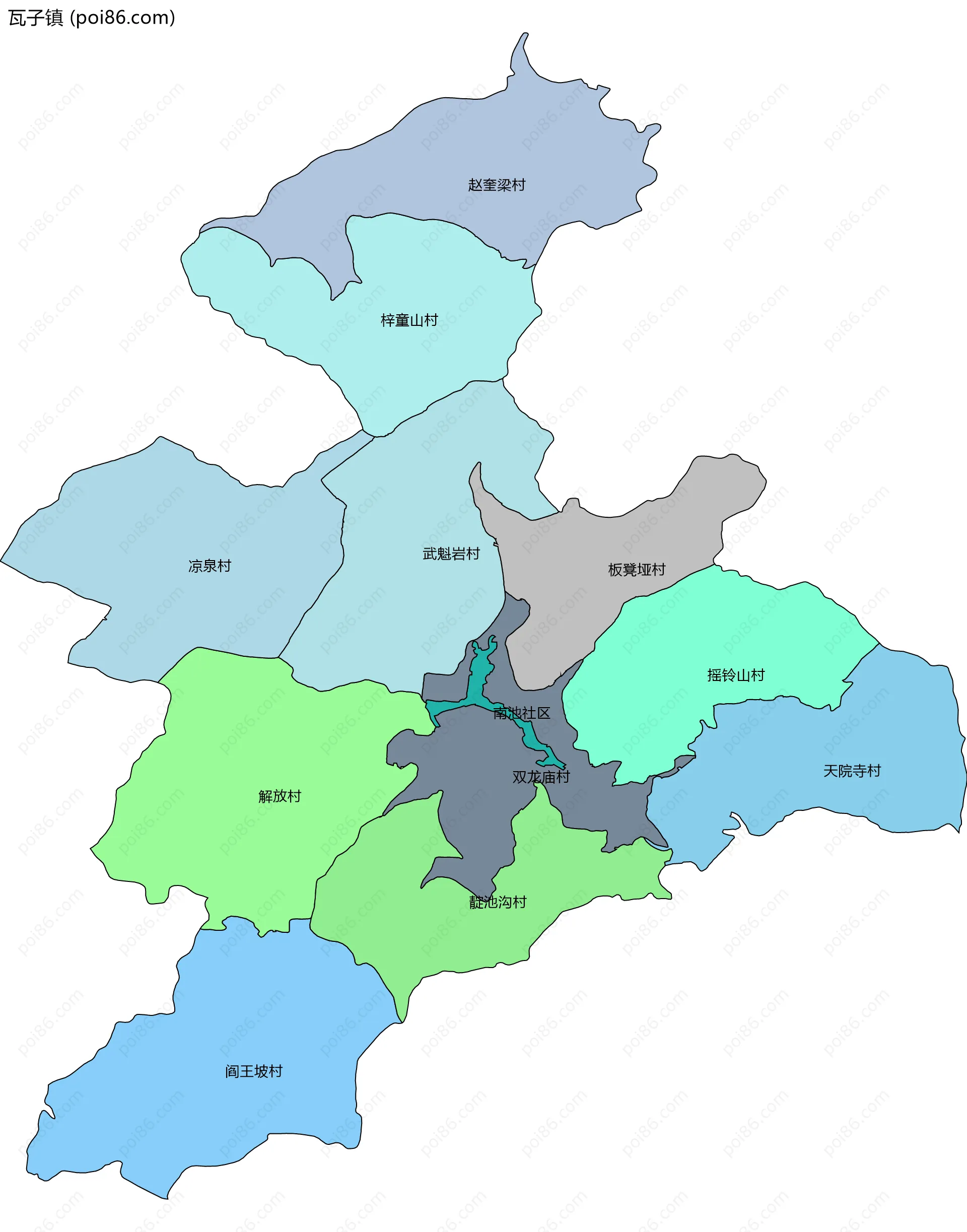 瓦子镇边界地图(五级行政区划)