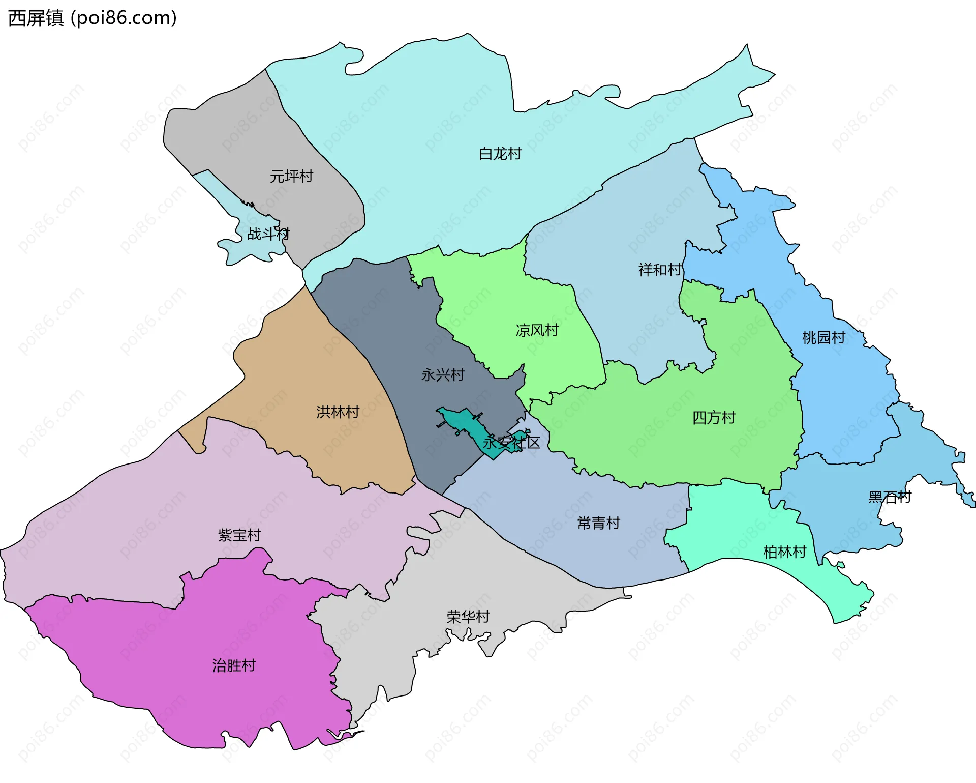西屏镇边界地图(五级行政区划)