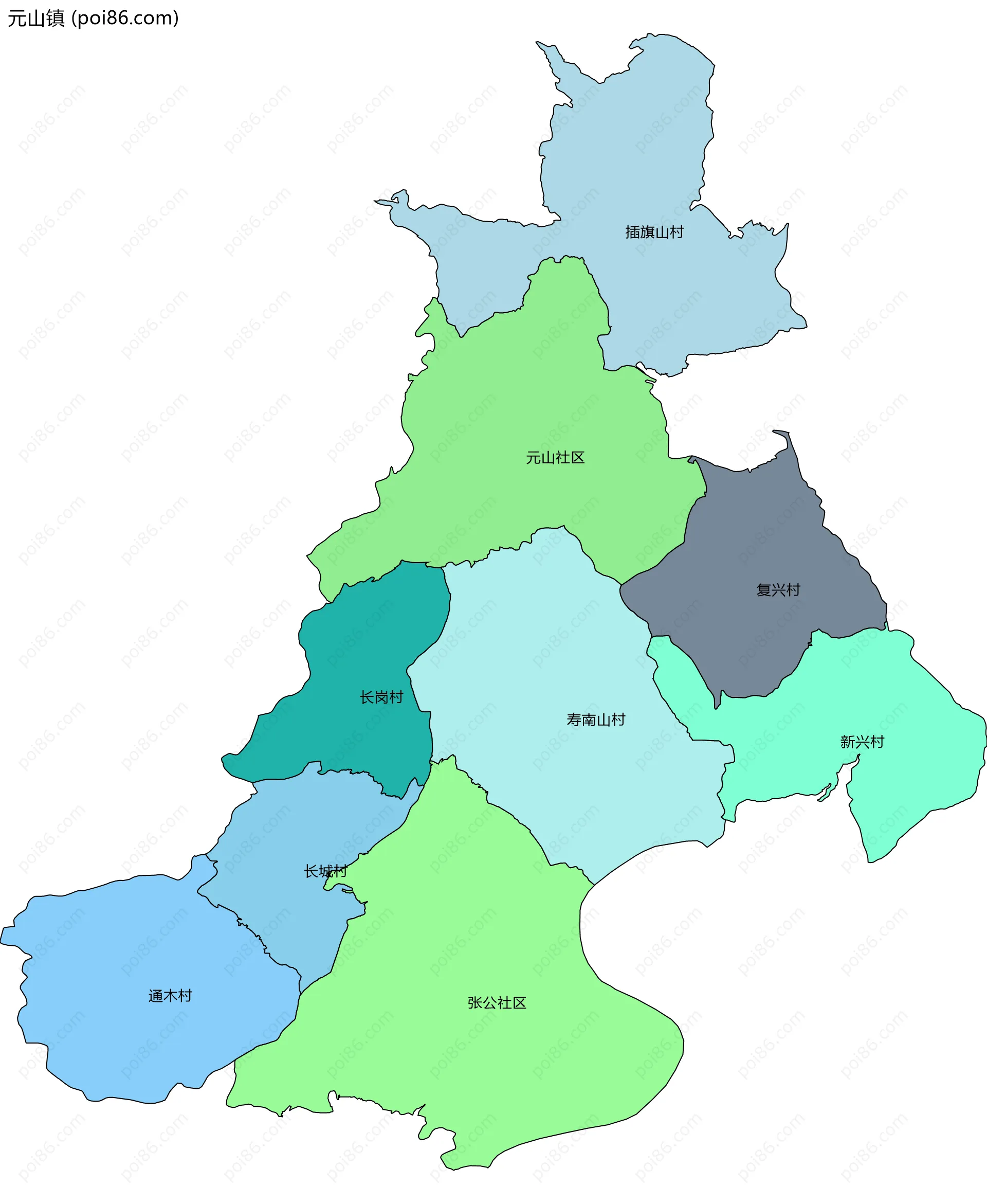 元山镇边界地图(五级行政区划)