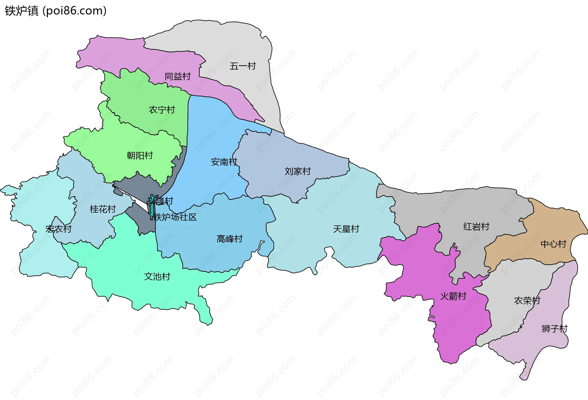 铁炉镇边界地图(五级行政区划)