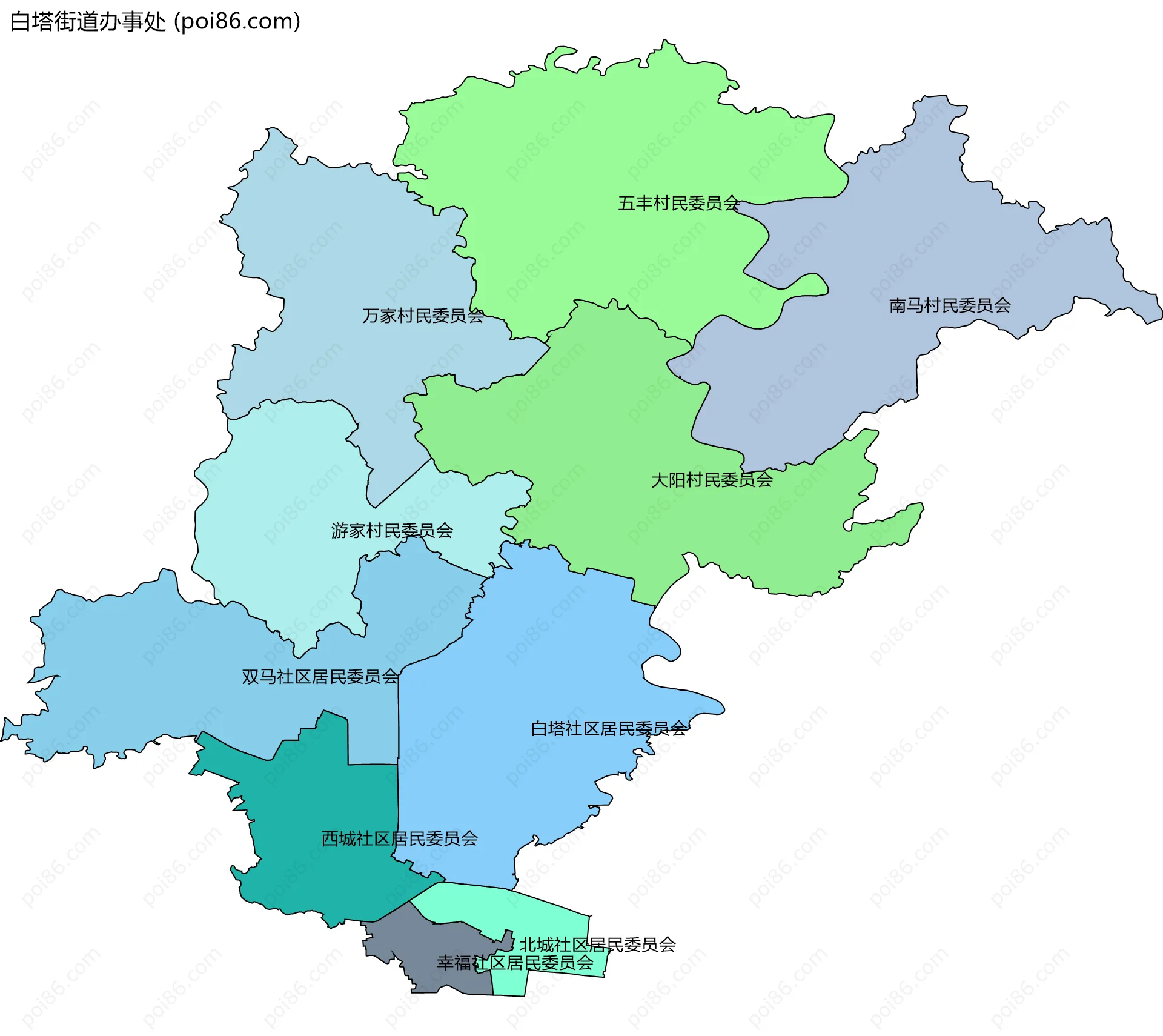 白塔街道办事处边界地图(五级行政区划)
