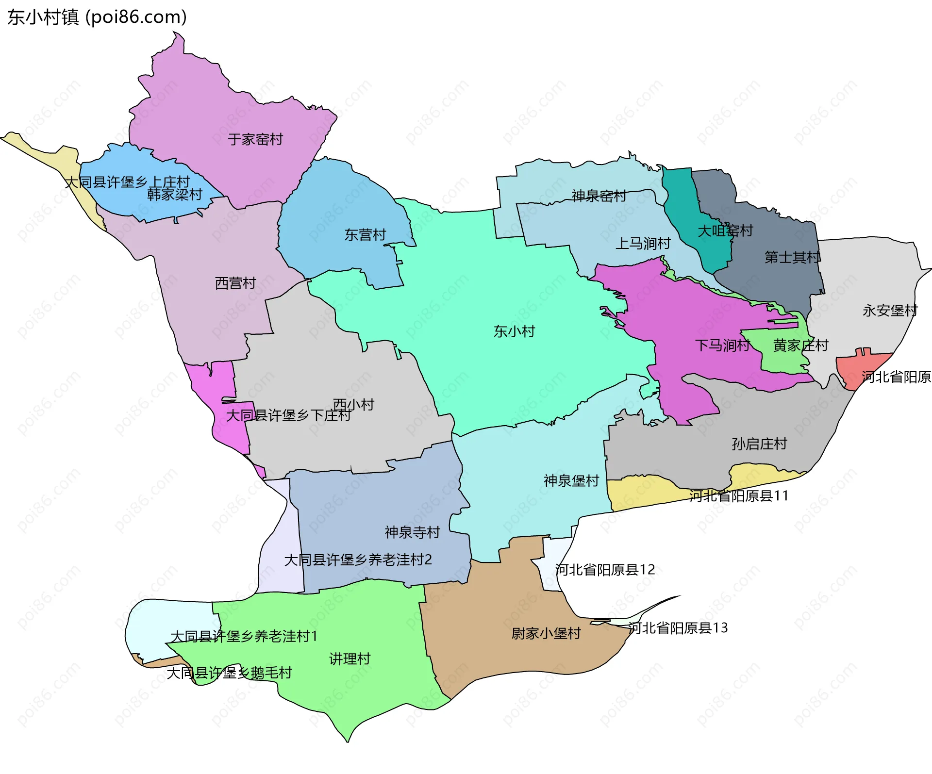 东小村镇边界地图(五级行政区划)