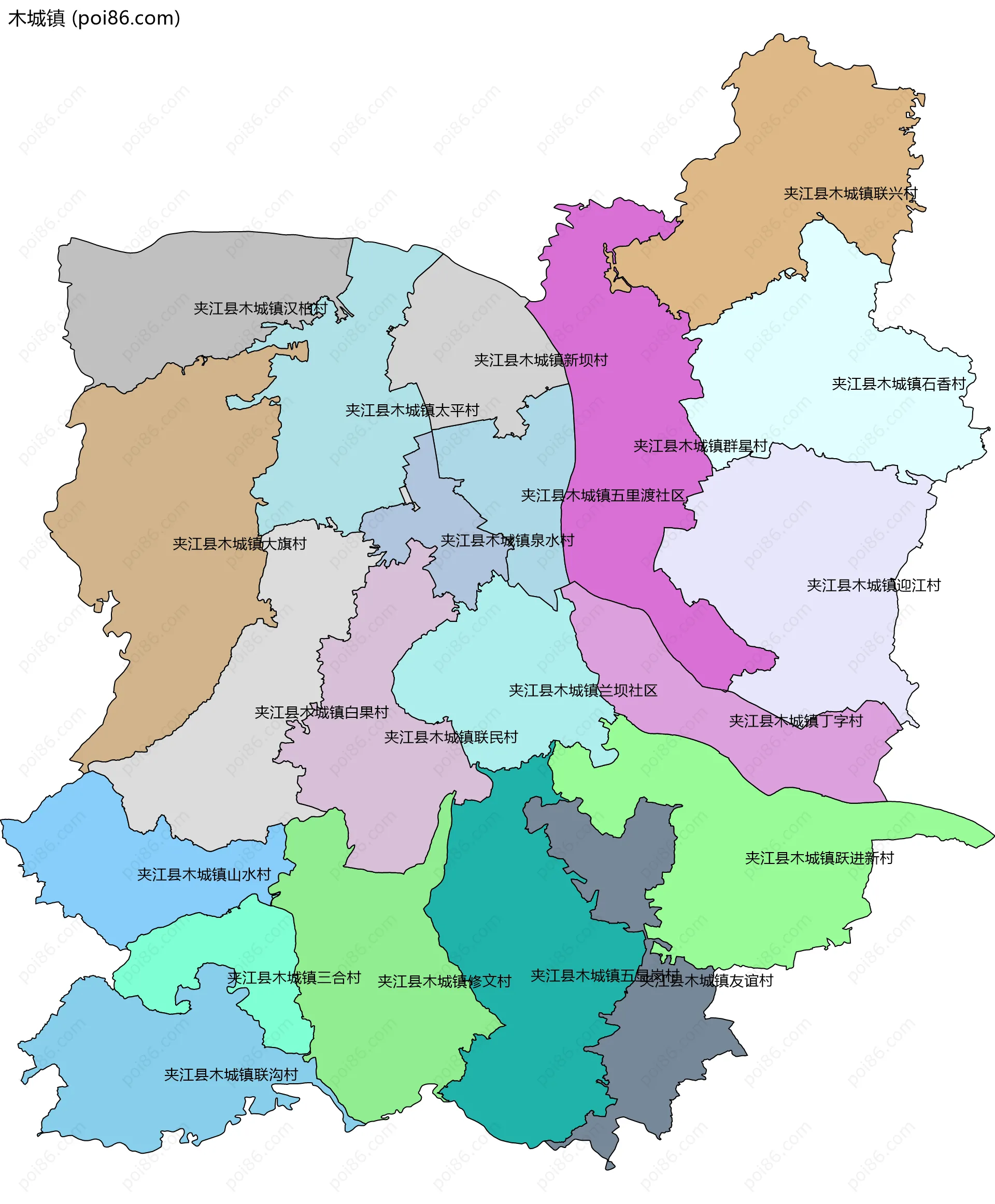 木城镇边界地图(五级行政区划)