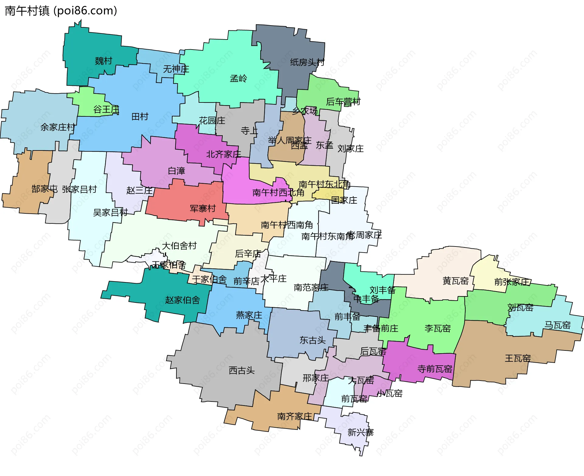 南午村镇边界地图(五级行政区划)