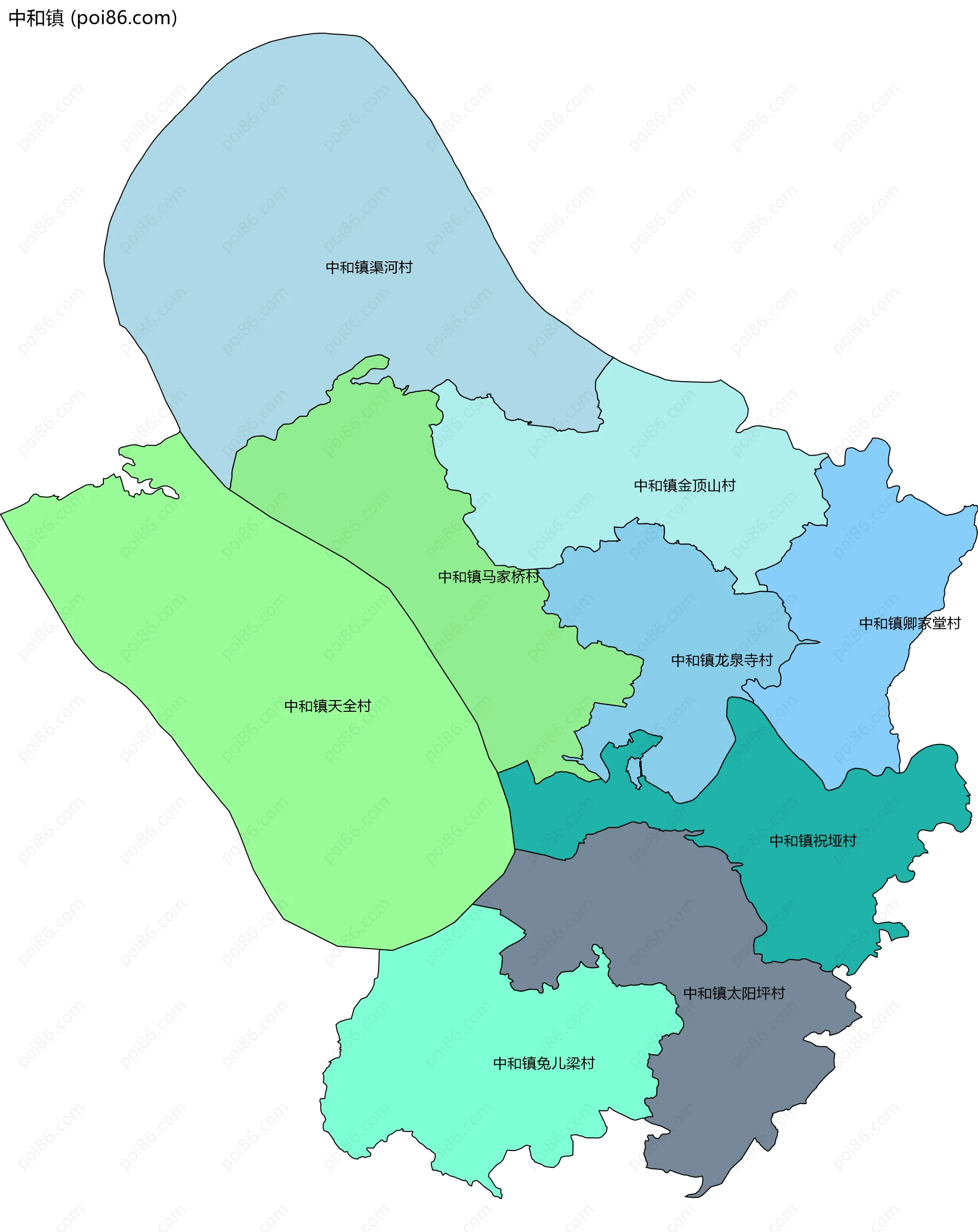 中和镇边界地图(五级行政区划)