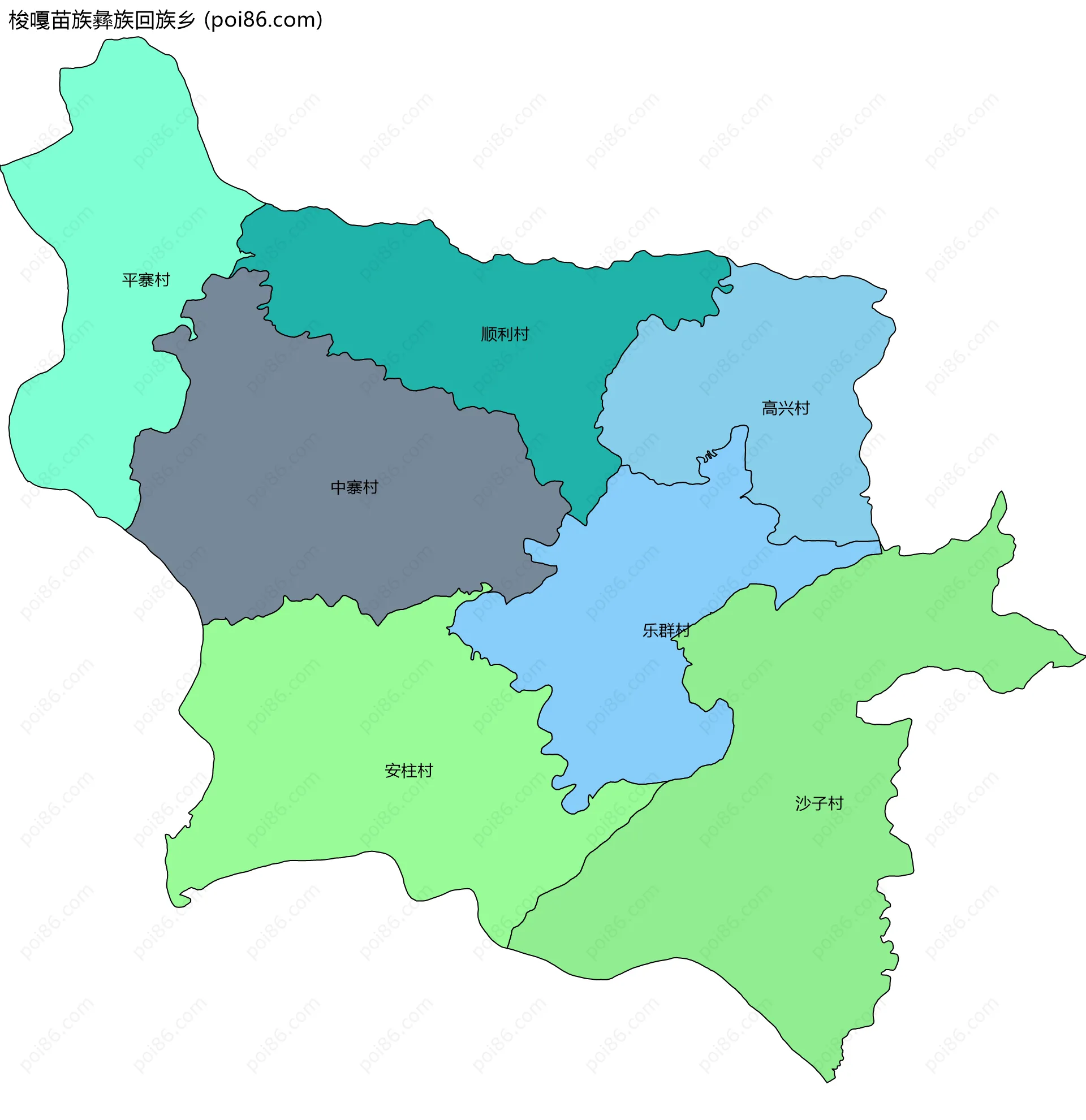 梭嘎苗族彝族回族乡边界地图(五级行政区划)