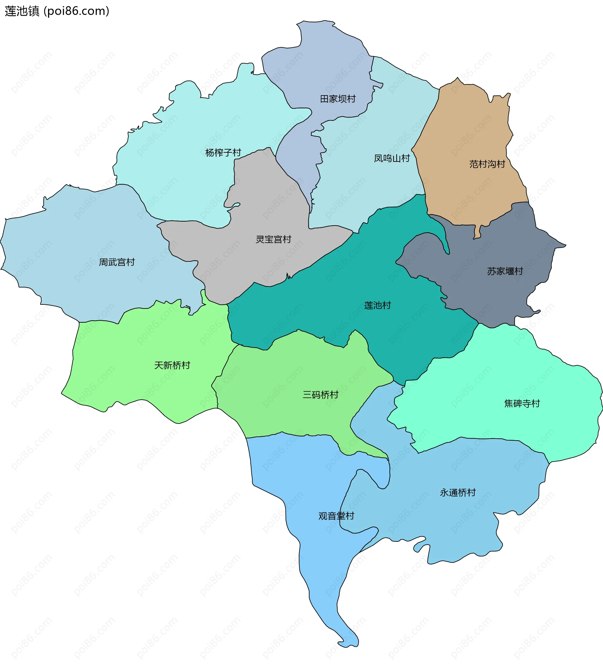 莲池镇边界地图(五级行政区划)