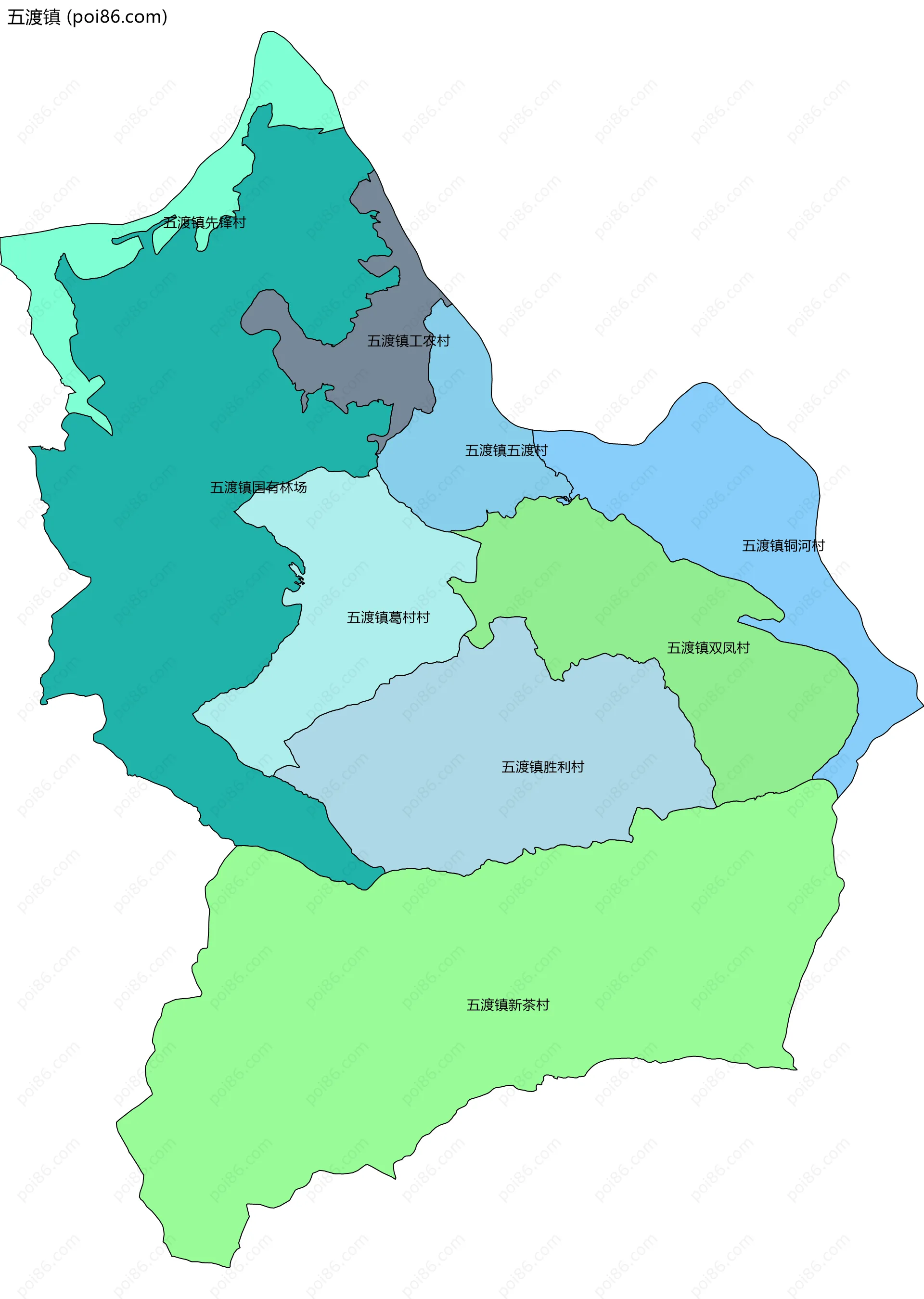 五渡镇边界地图(五级行政区划)