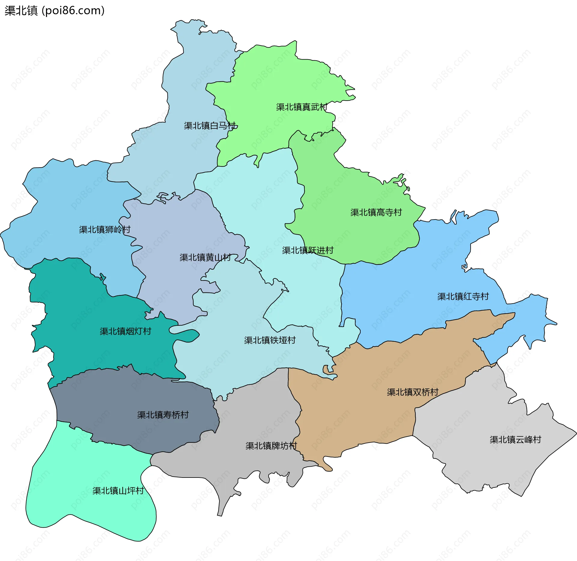 渠北镇边界地图(五级行政区划)