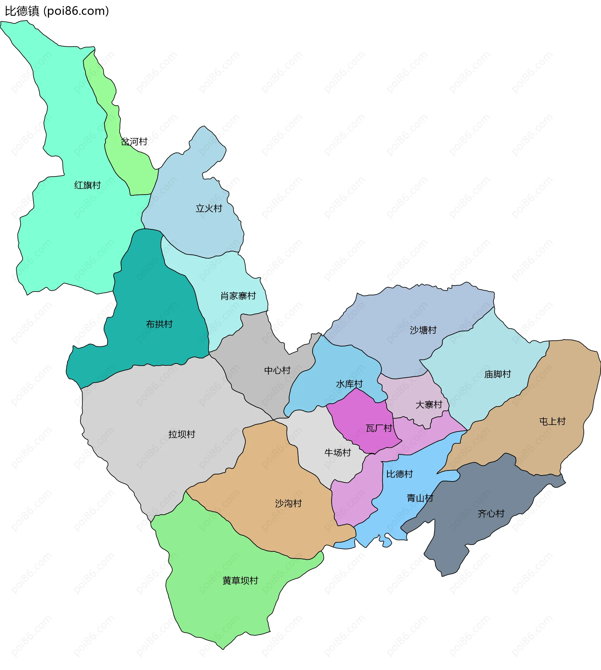 比德镇边界地图(五级行政区划)