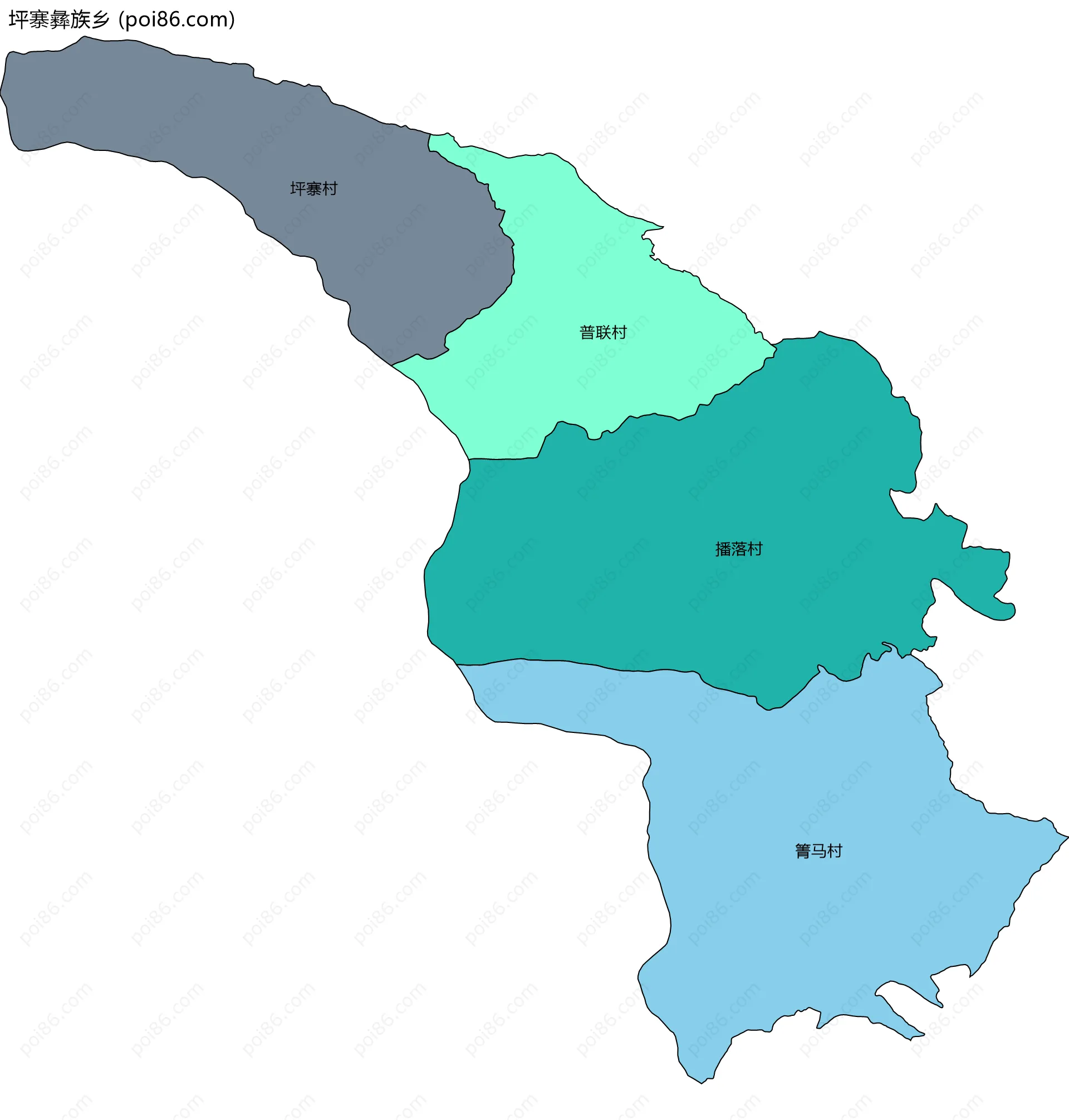 坪寨彝族乡边界地图(五级行政区划)