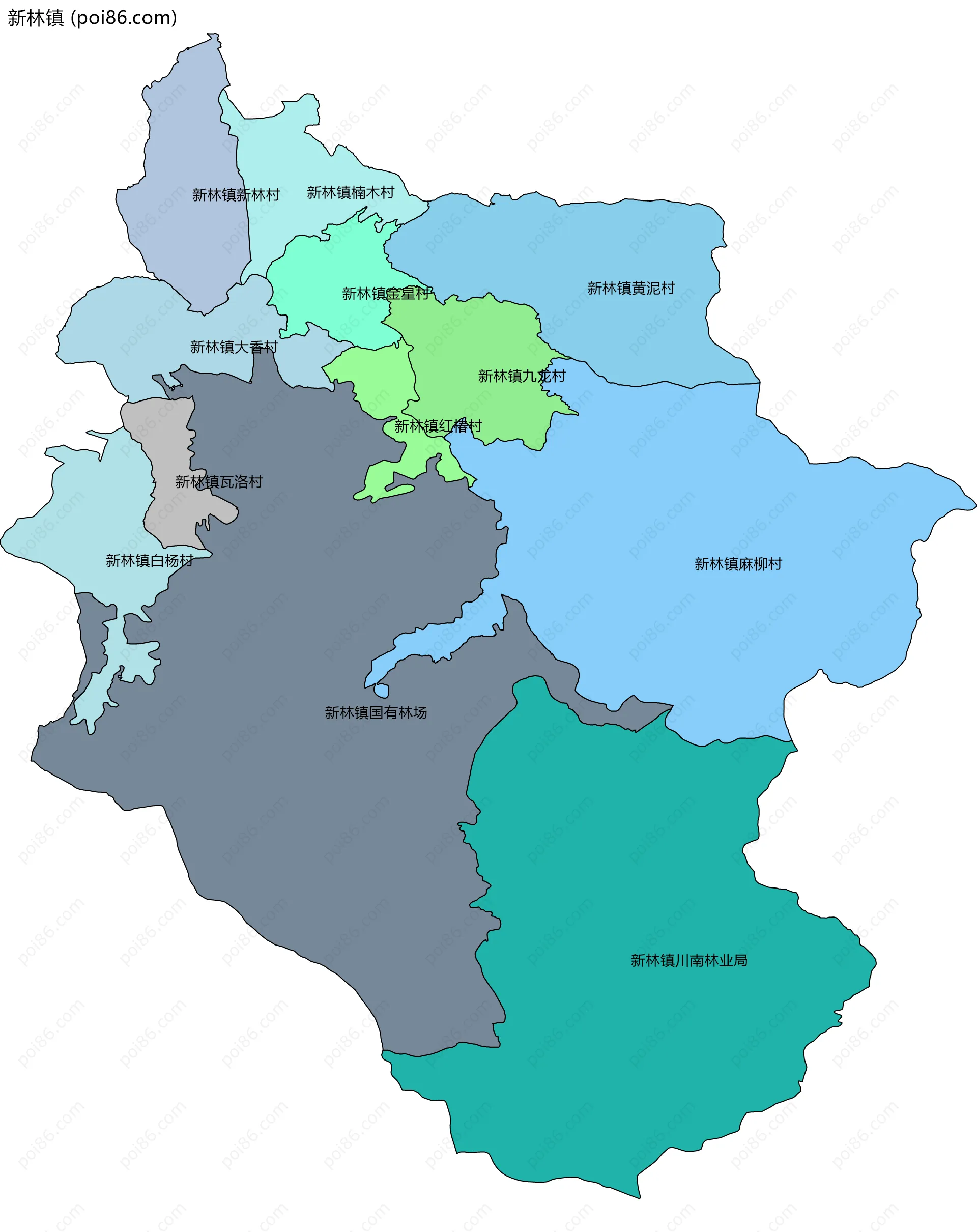 新林镇边界地图(五级行政区划)