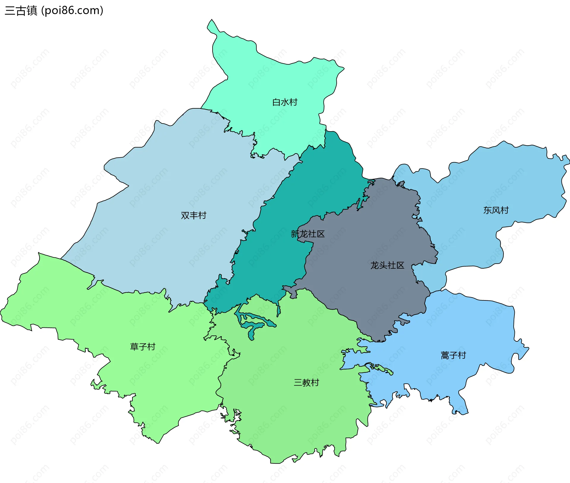 三古镇边界地图(五级行政区划)