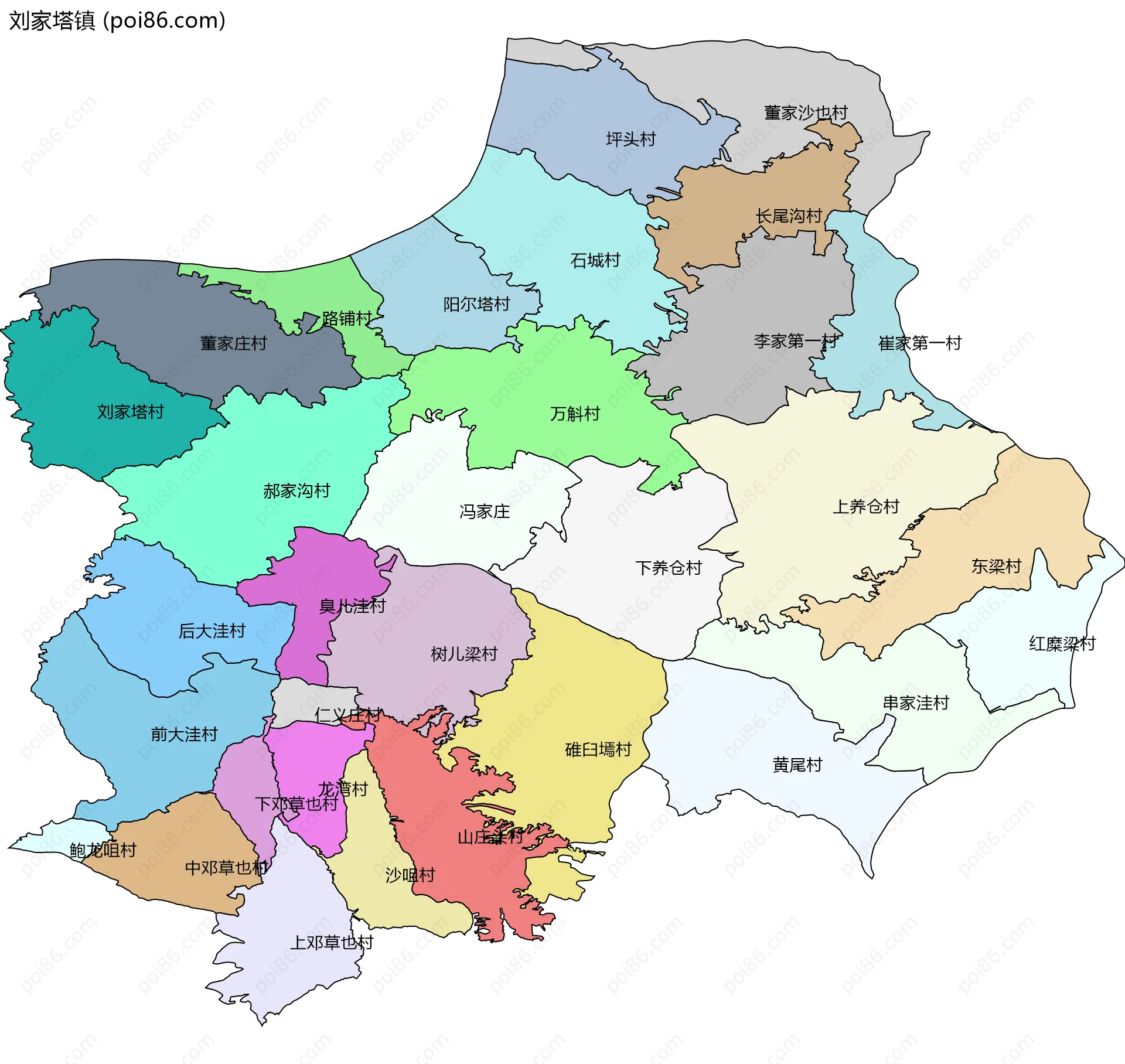 刘家塔镇边界地图(五级行政区划)
